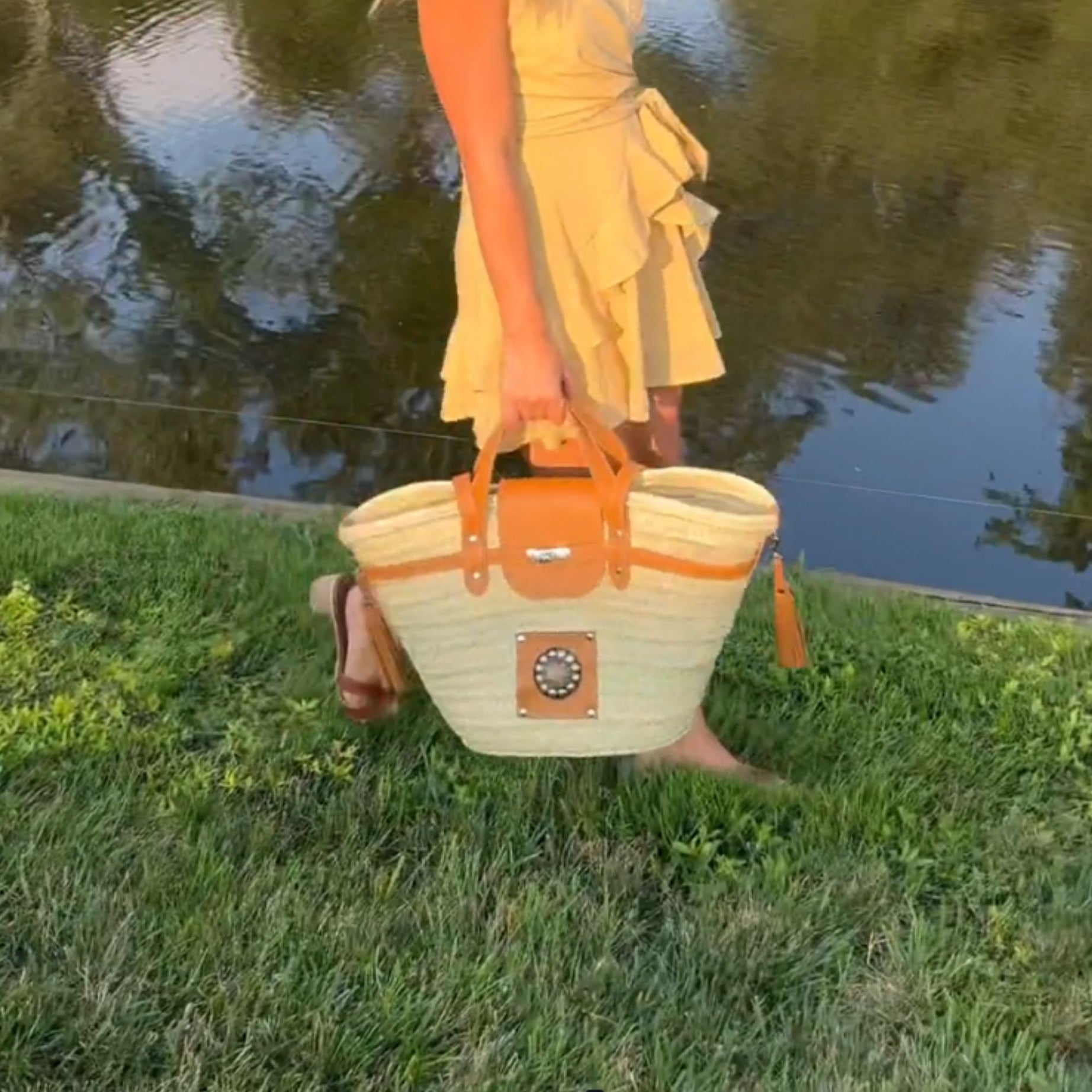 Handmade large straw french baskets with leather straps