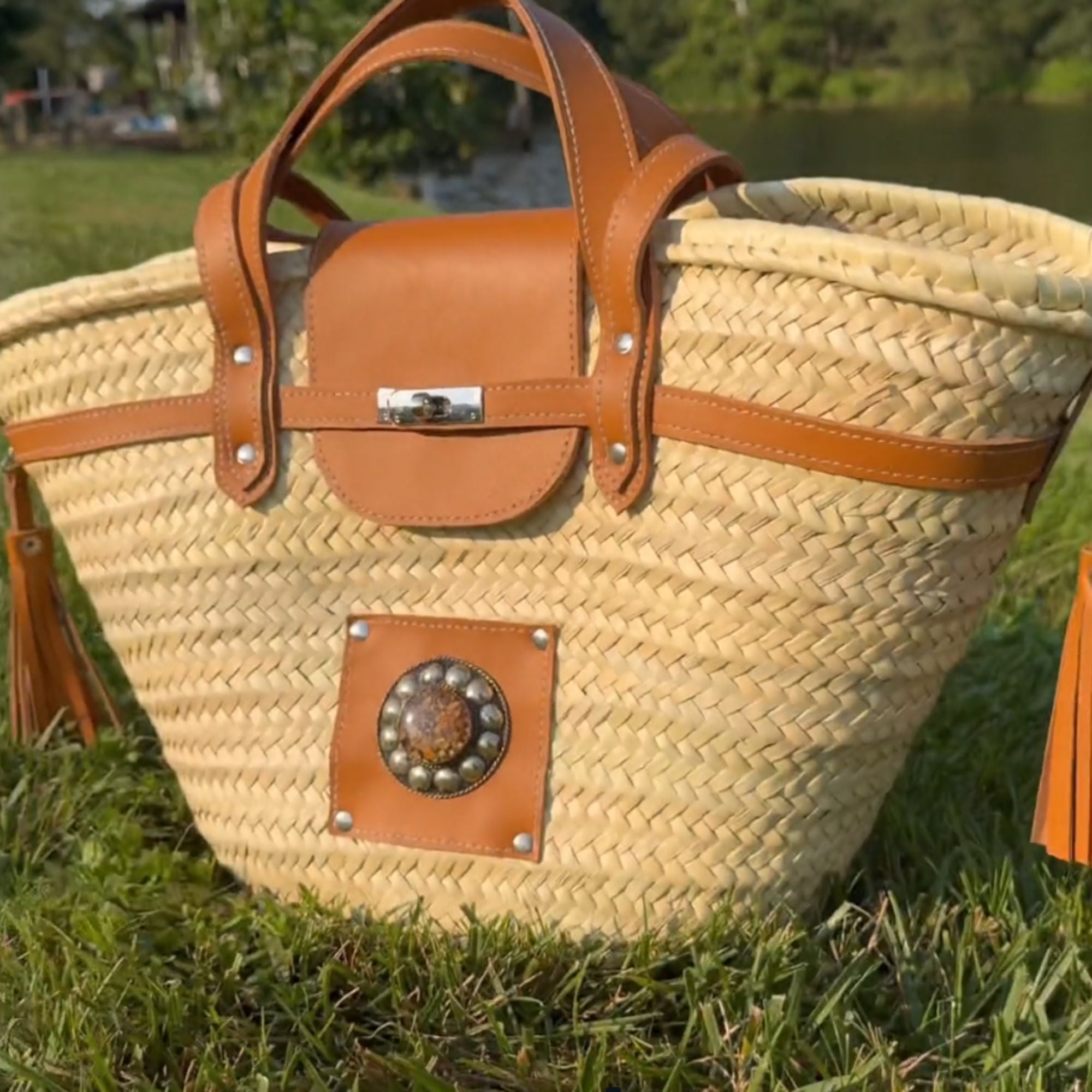 Handmade large straw french baskets with leather straps