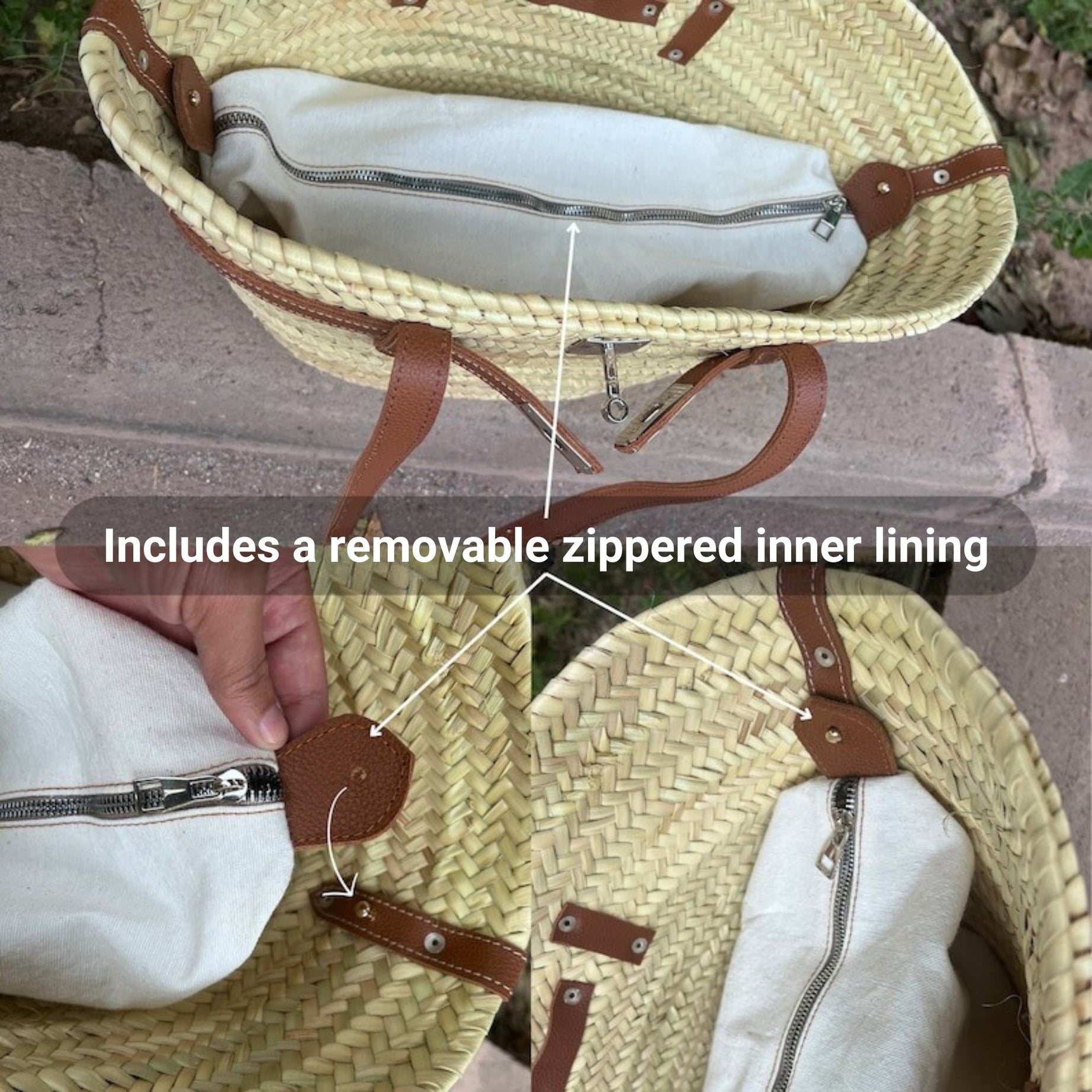 Handmade large straw french baskets with leather straps