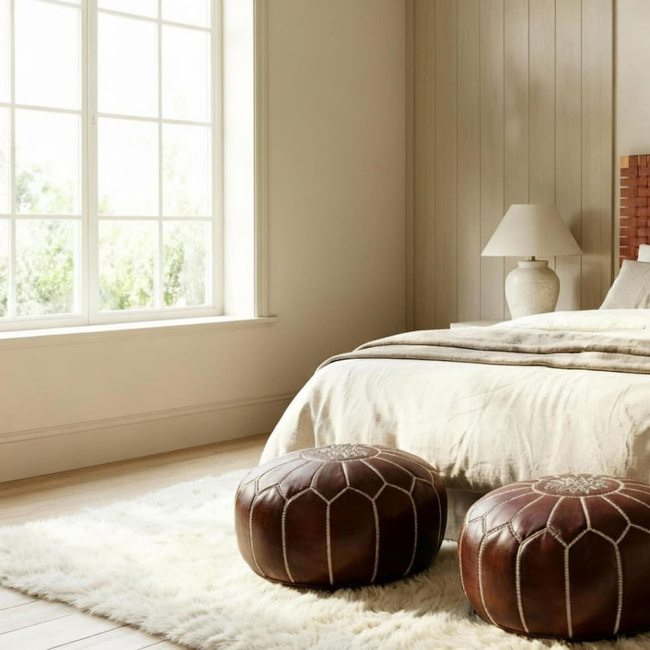 Handcrafted Leather Headboard & 2 Free Pouf Ottomans | Queen, King, California King