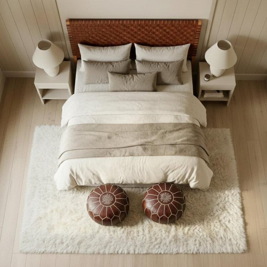 Handcrafted Leather Headboard & 2 Free Pouf Ottomans | Queen, King, California King