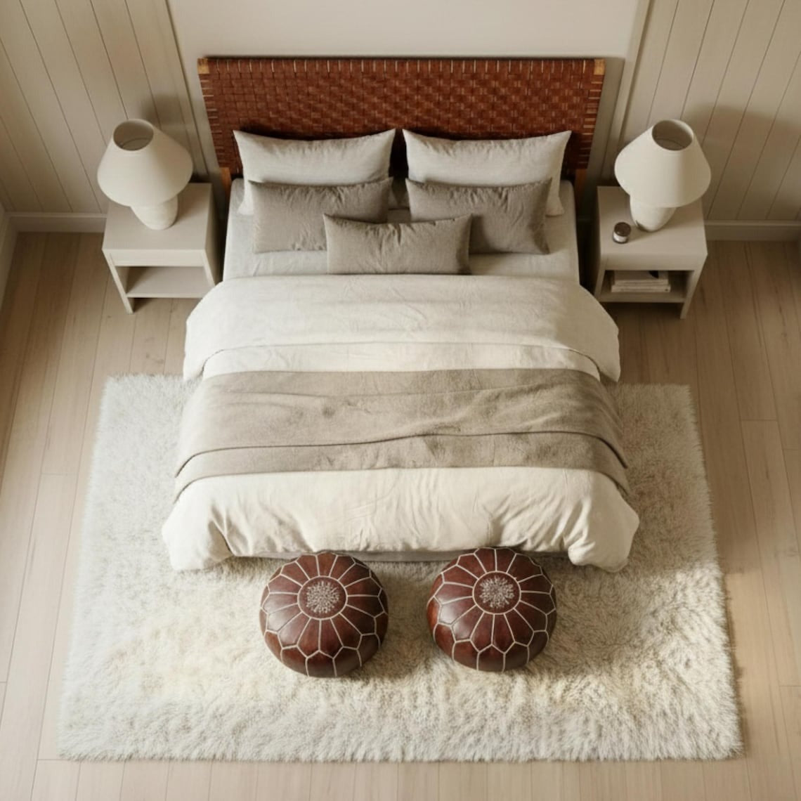 Handcrafted Leather Headboard & 2 Free Pouf Ottomans | Queen, King, California King