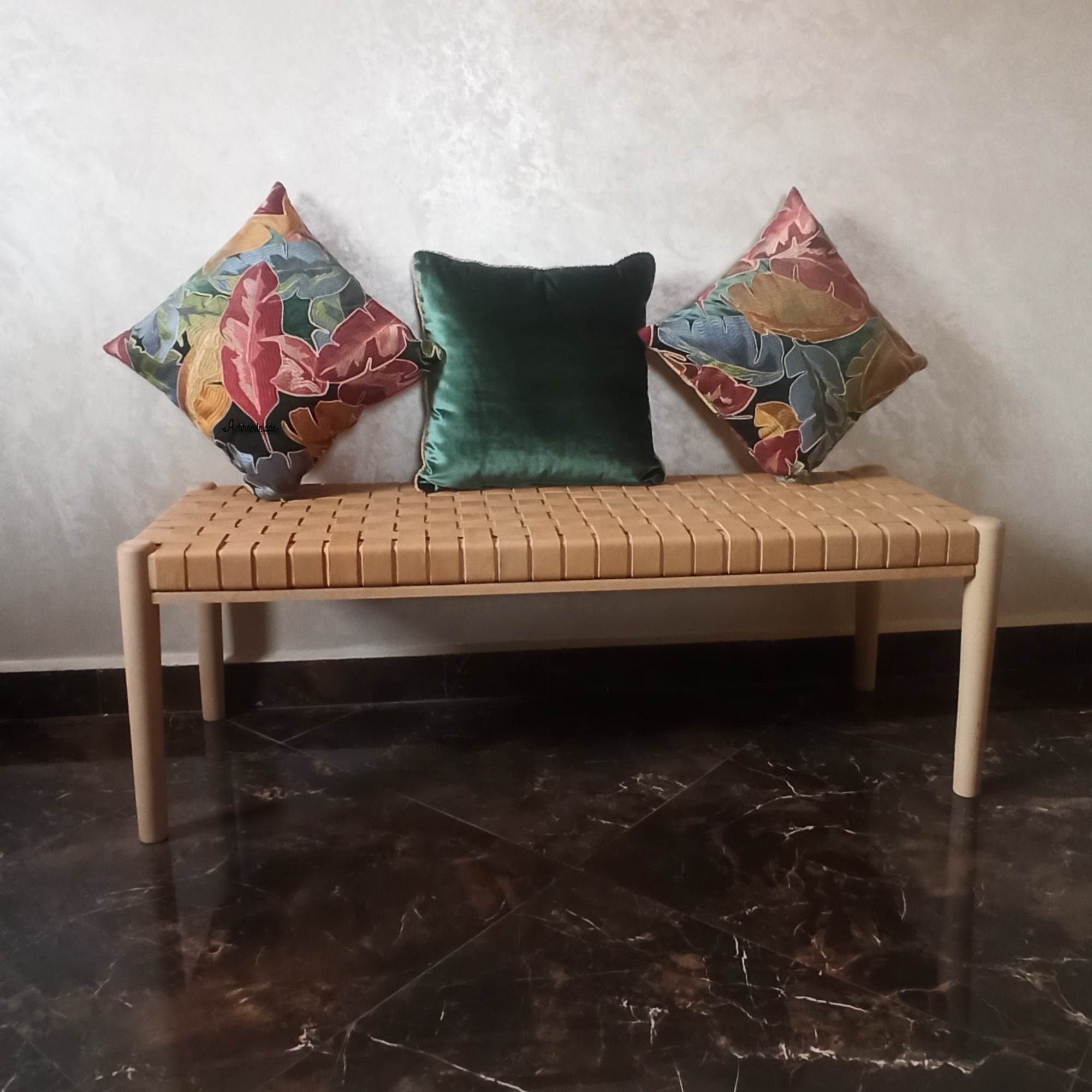 Artihandmade Helga Handmade Entryway Bench in Natural Teak with Beige Strap Leather