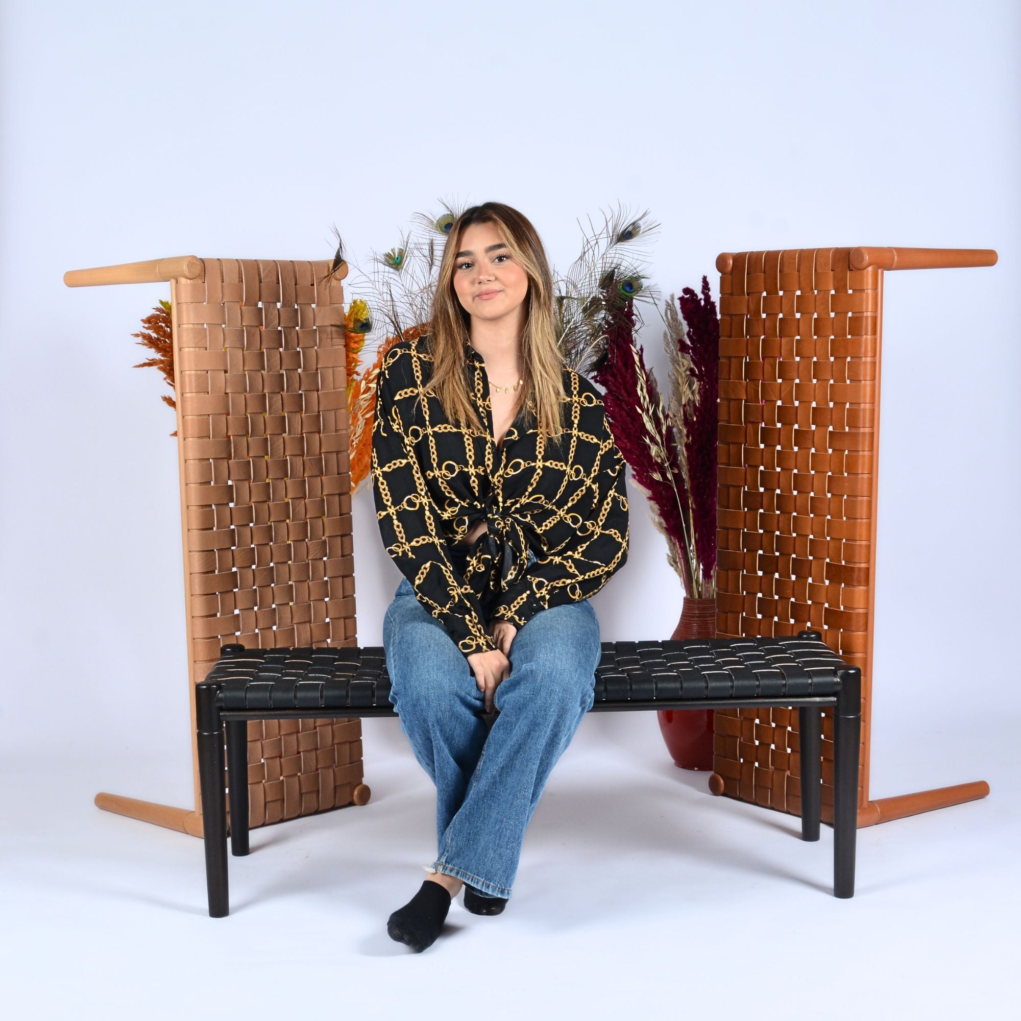 Helga Woven Leather Bench Black Teak Wood With Black Strap Leather