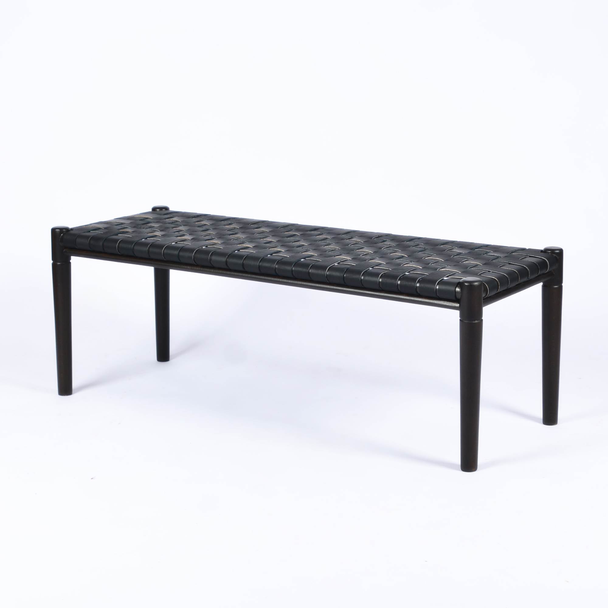Helga Woven Leather Bench Black Teak Wood With Black Strap Leather
