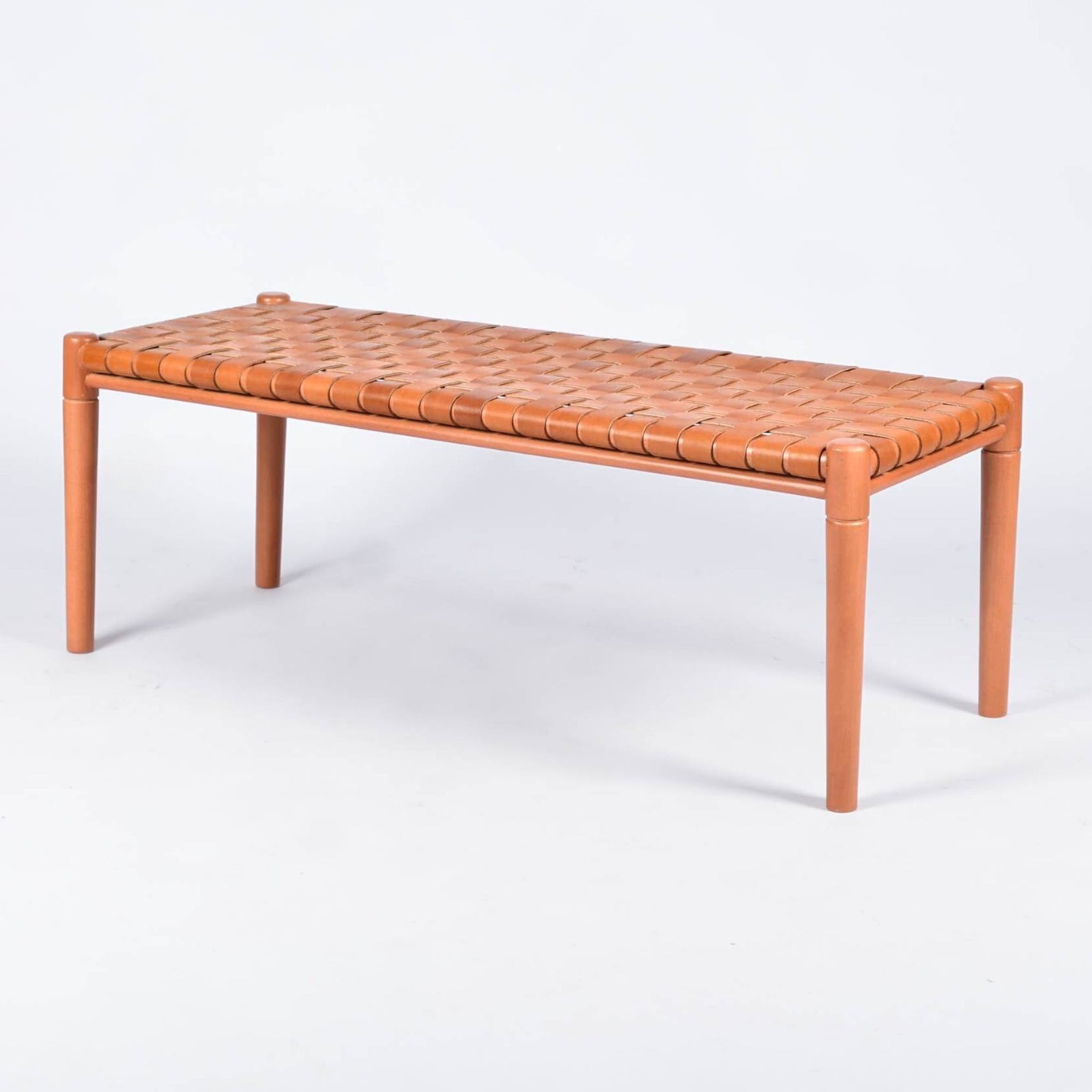 Helga Woven Leather Bench Cognac Teak Wood With Brown Cognac Strap Leather