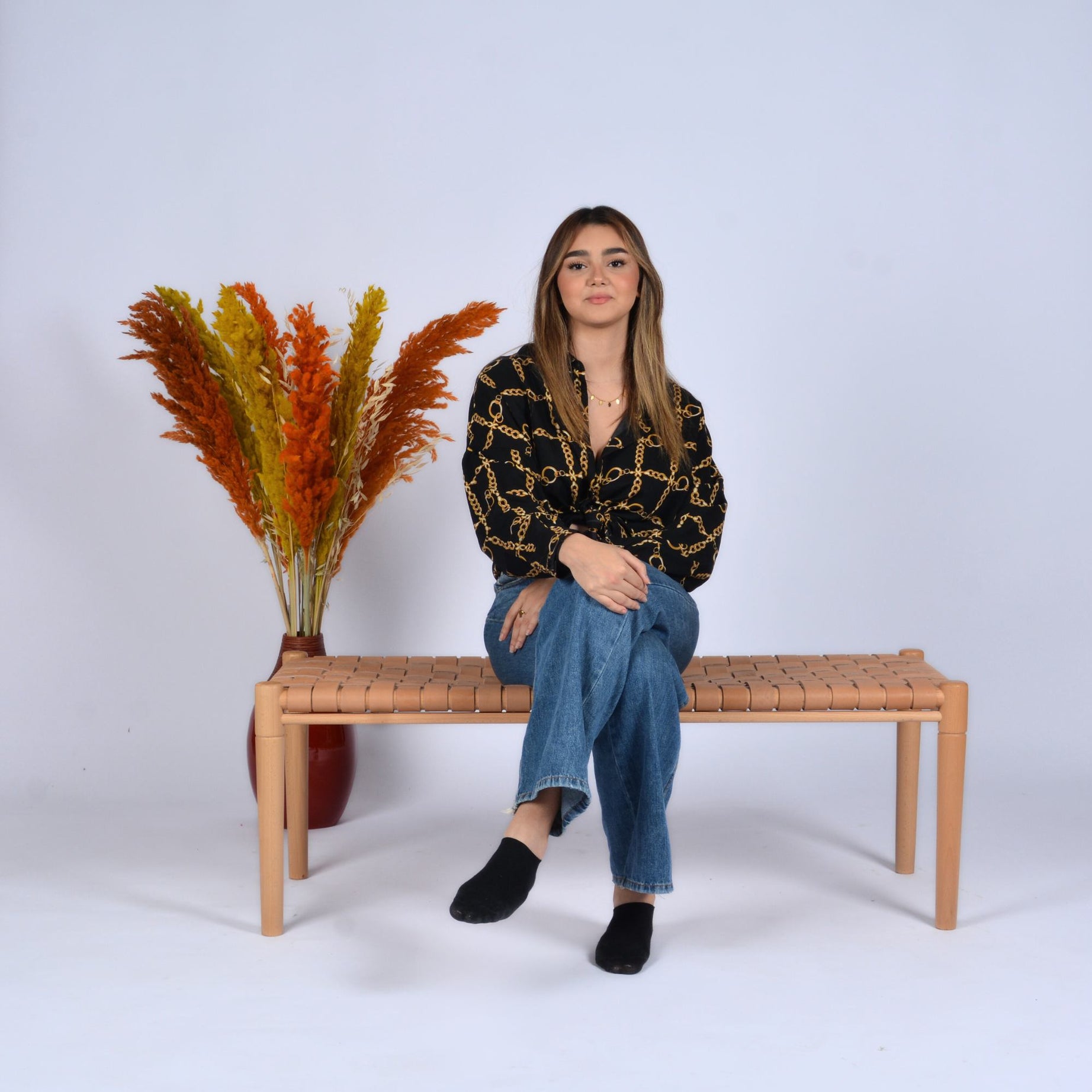 Helga Woven Leather Bench Varnished Teak Wood With Strap Beige Leather