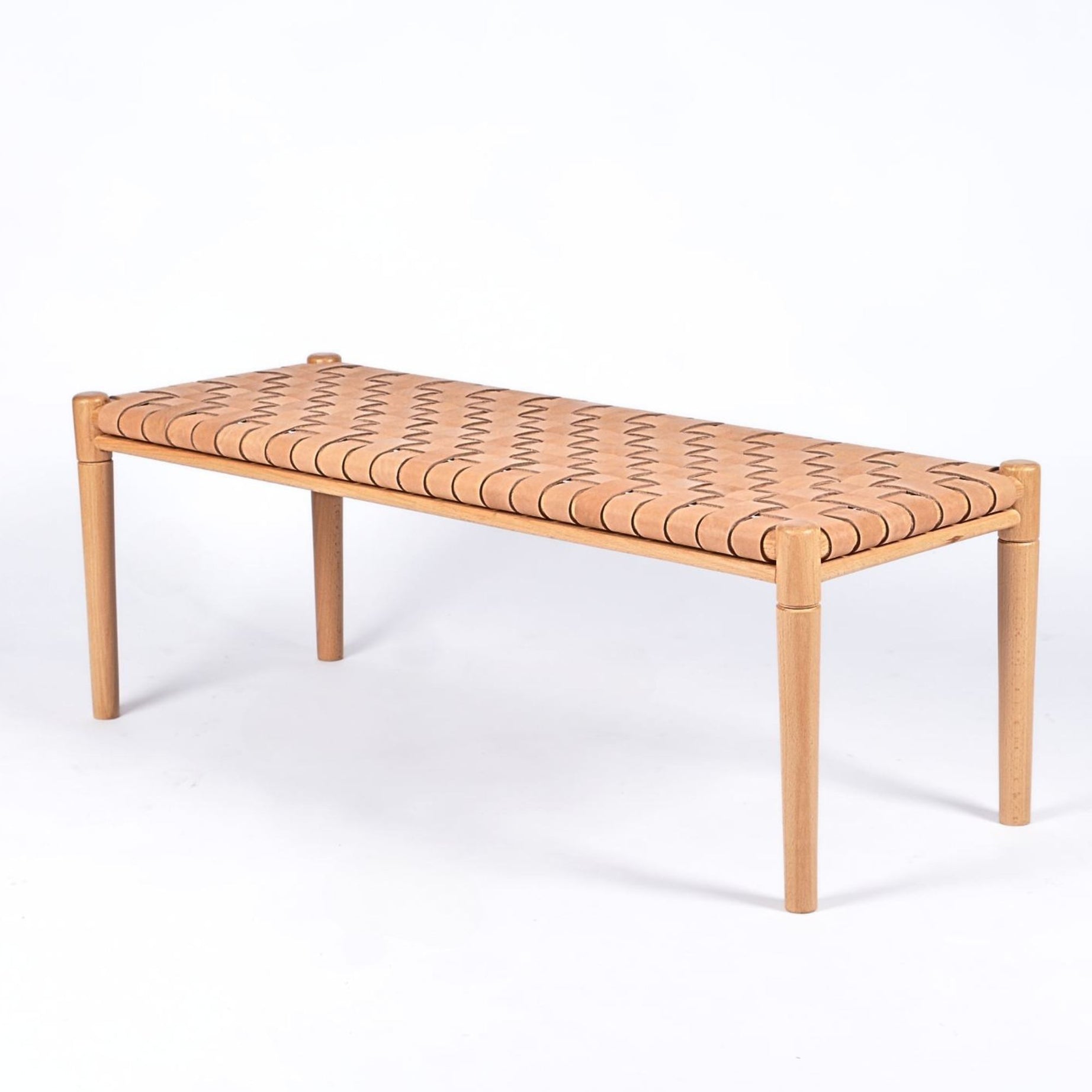 Helga Woven Leather Bench Varnished Teak Wood With Strap Beige Leather