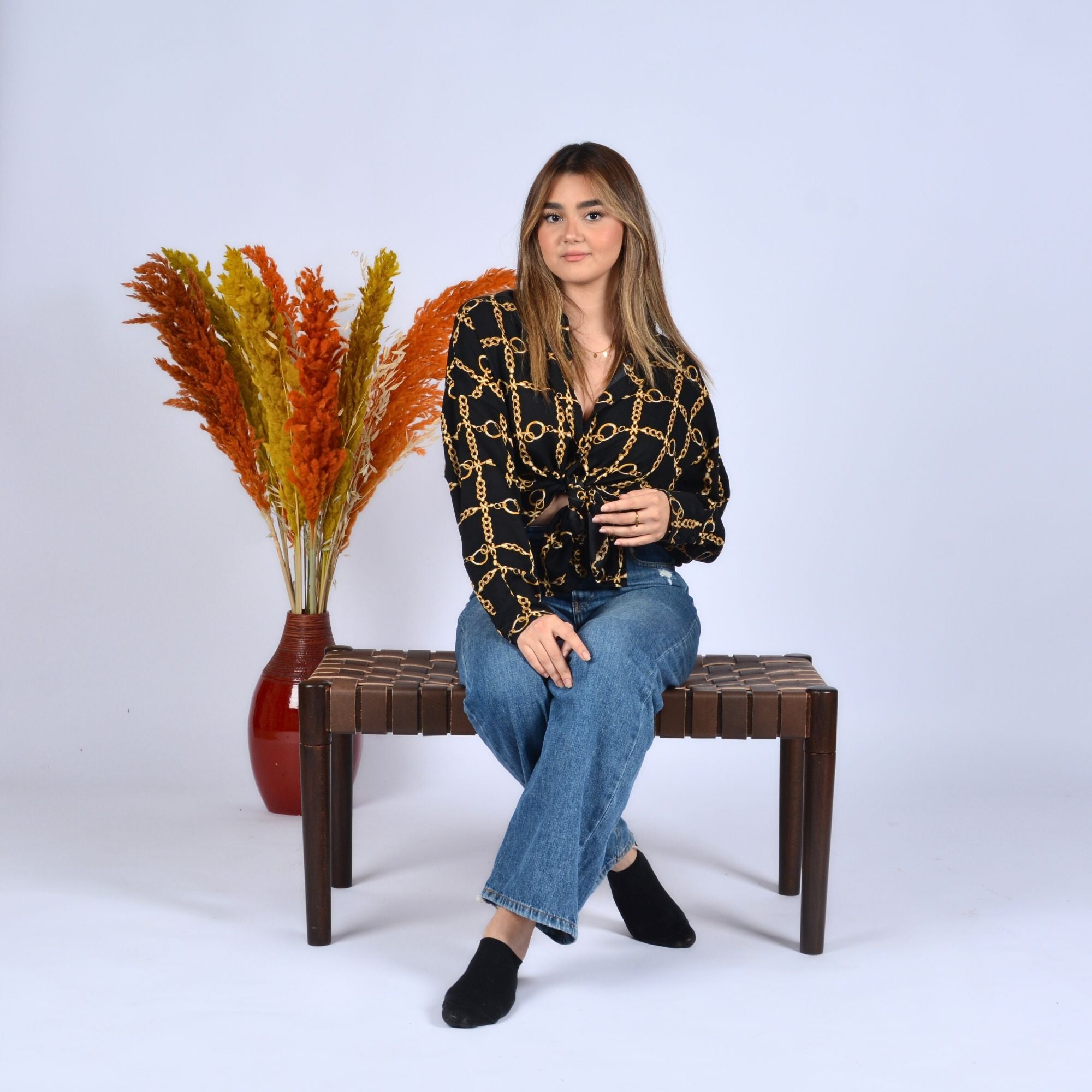 Artisan Crafted Olav Woven Red Leather Straps Bench, Teak Wood, Black Matte Finish | Modern End of Bed & Entryway Bench