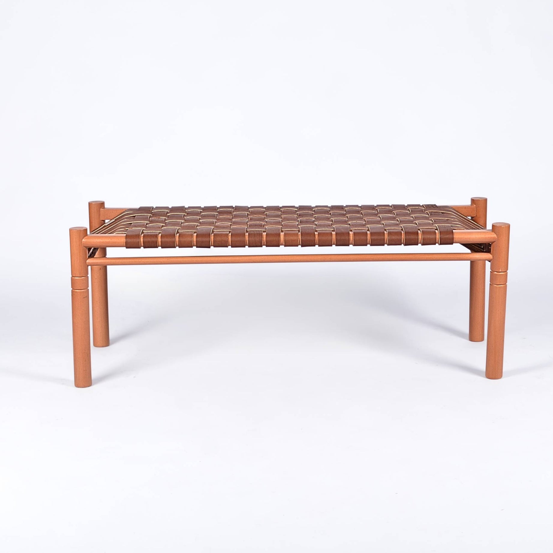 Hilda Woven Leather Bench Cognac Teak Wood With Brown Cognac Strap Leather