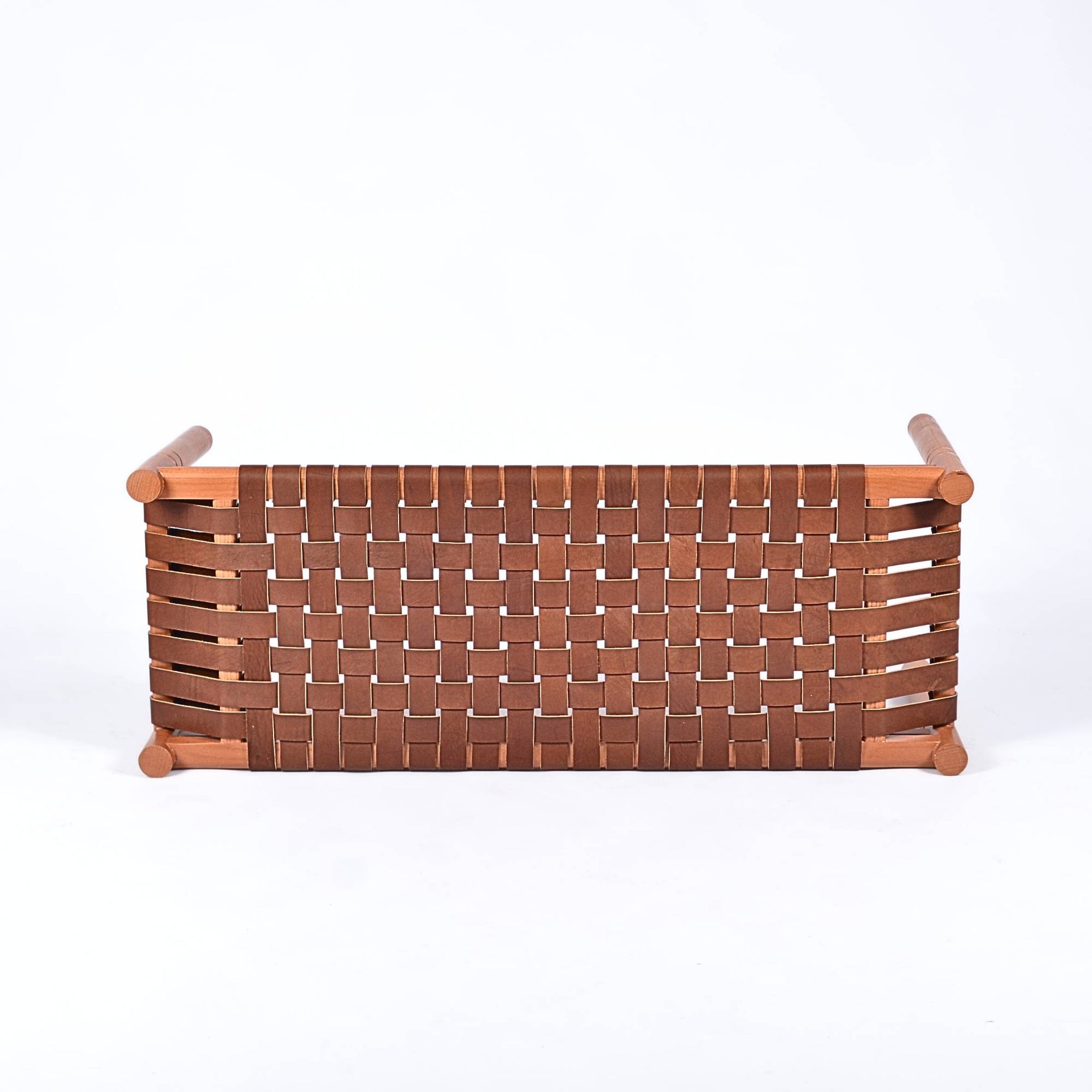 Hilda Woven Leather Bench Cognac Teak Wood With Brown Cognac Strap Leather