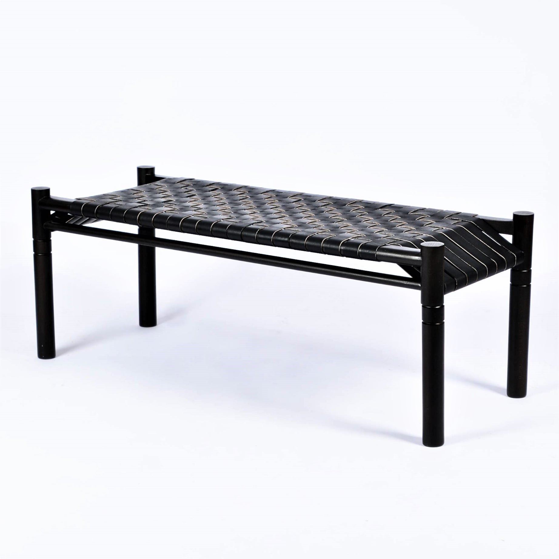 Hilda Woven Leather Bench Black Teak Wood With Black Strap Leather
