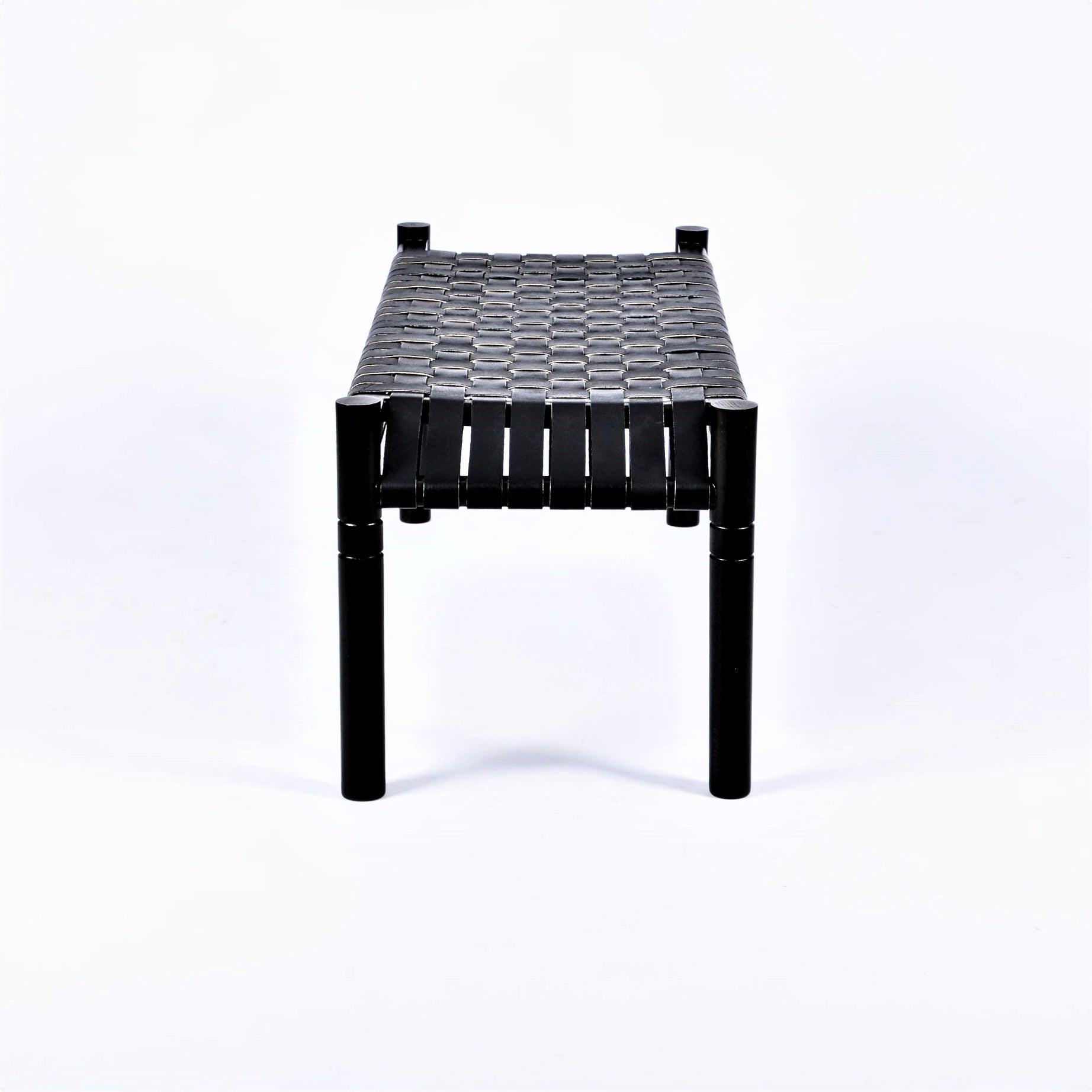 Hilda Woven Leather Bench Black Teak Wood With Black Strap Leather