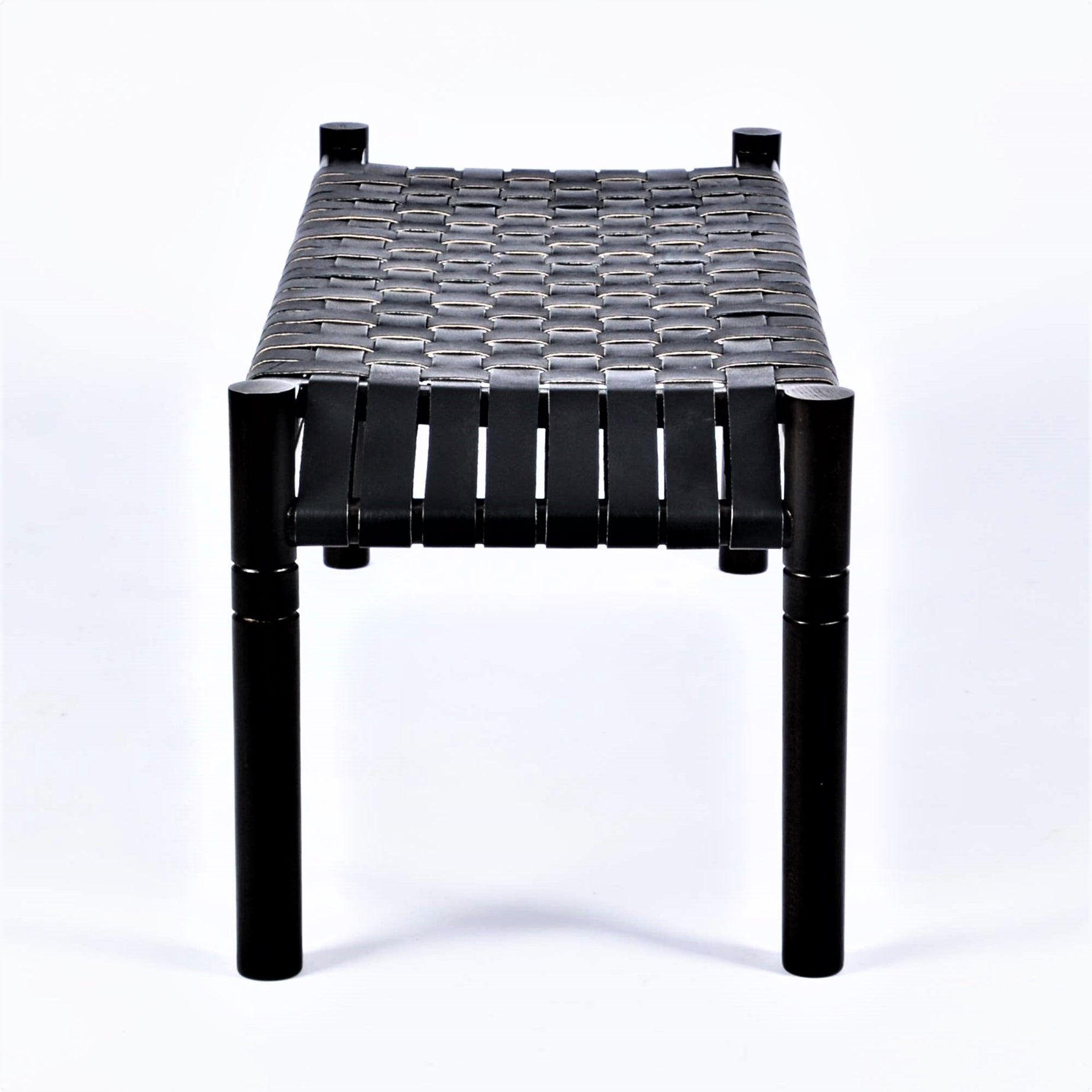 Hilda Woven Leather Bench Black Teak Wood With Black Strap Leather