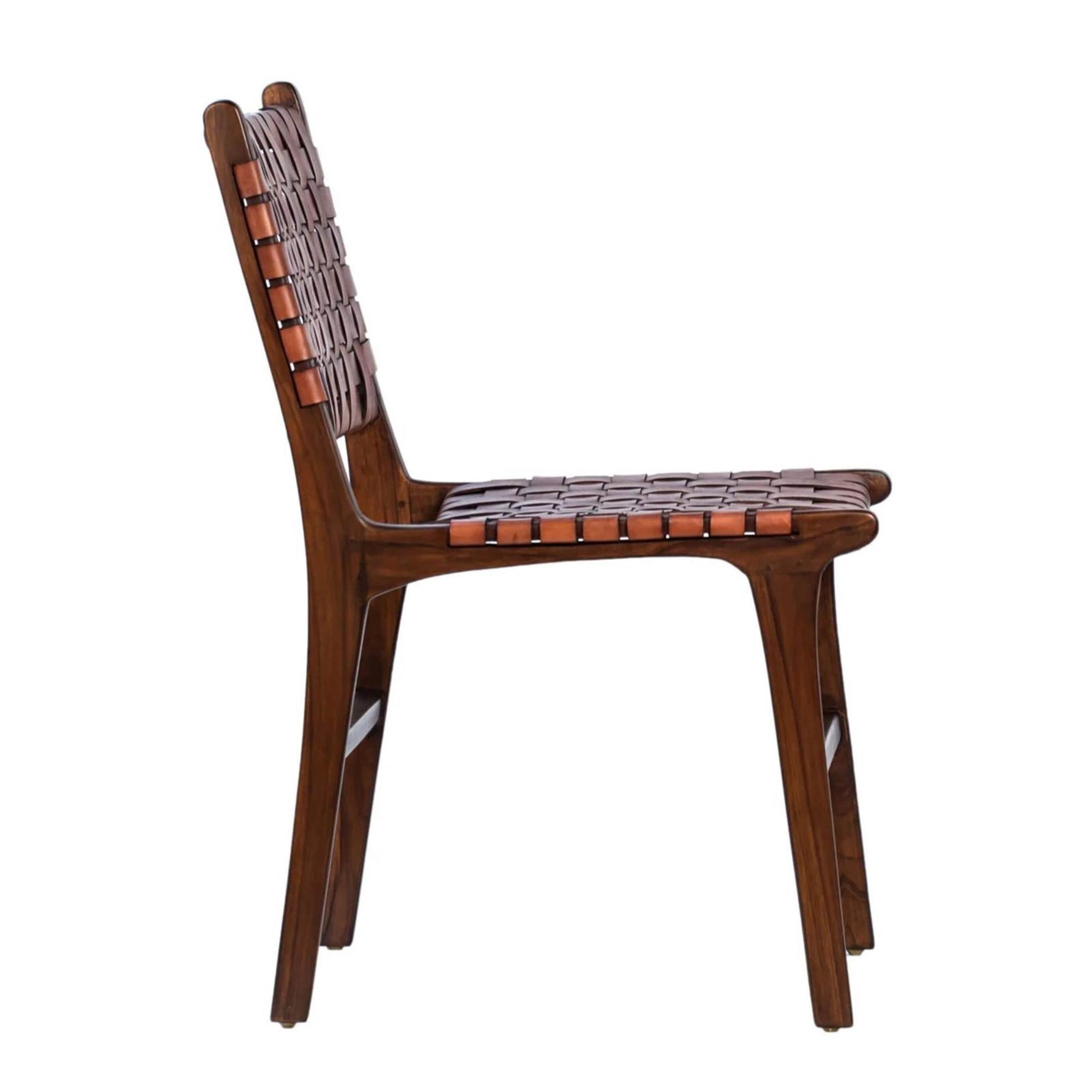 Sculpted teak wood frame of Ljus dining chair, highlighting solid construction.