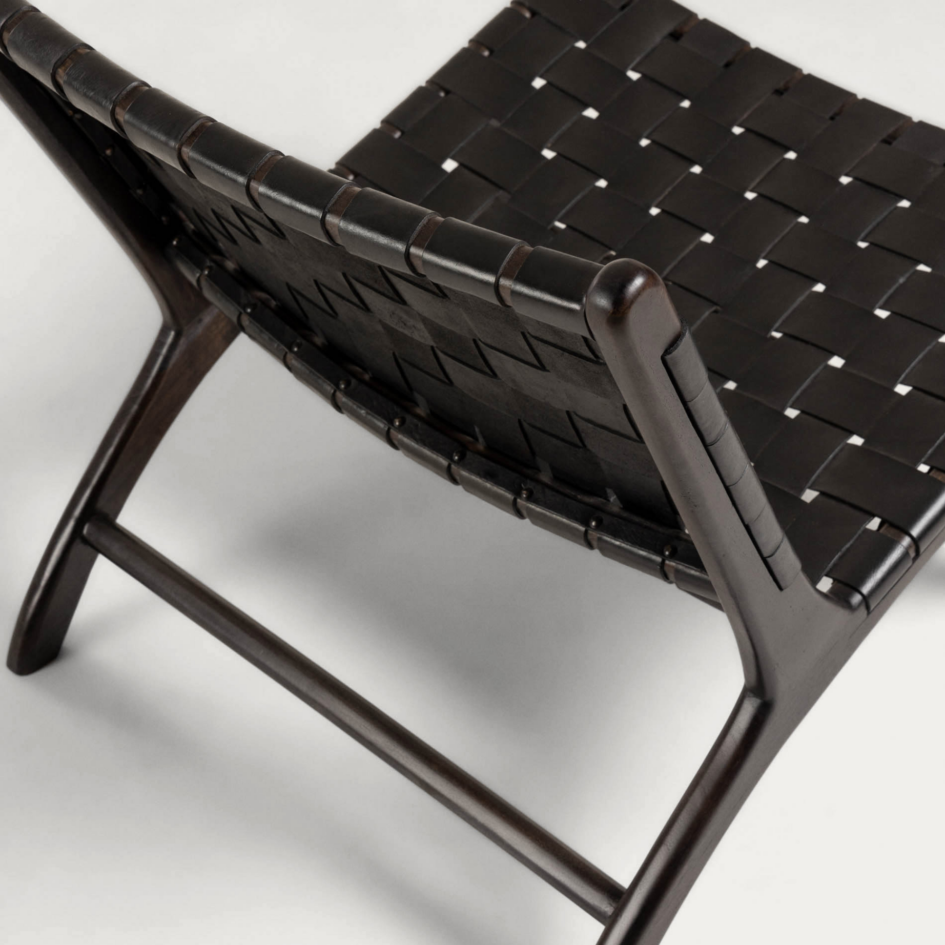 Handcrafted Woven Leather Lounge Chair - Teak Wood & Full-Grain Leather - Black