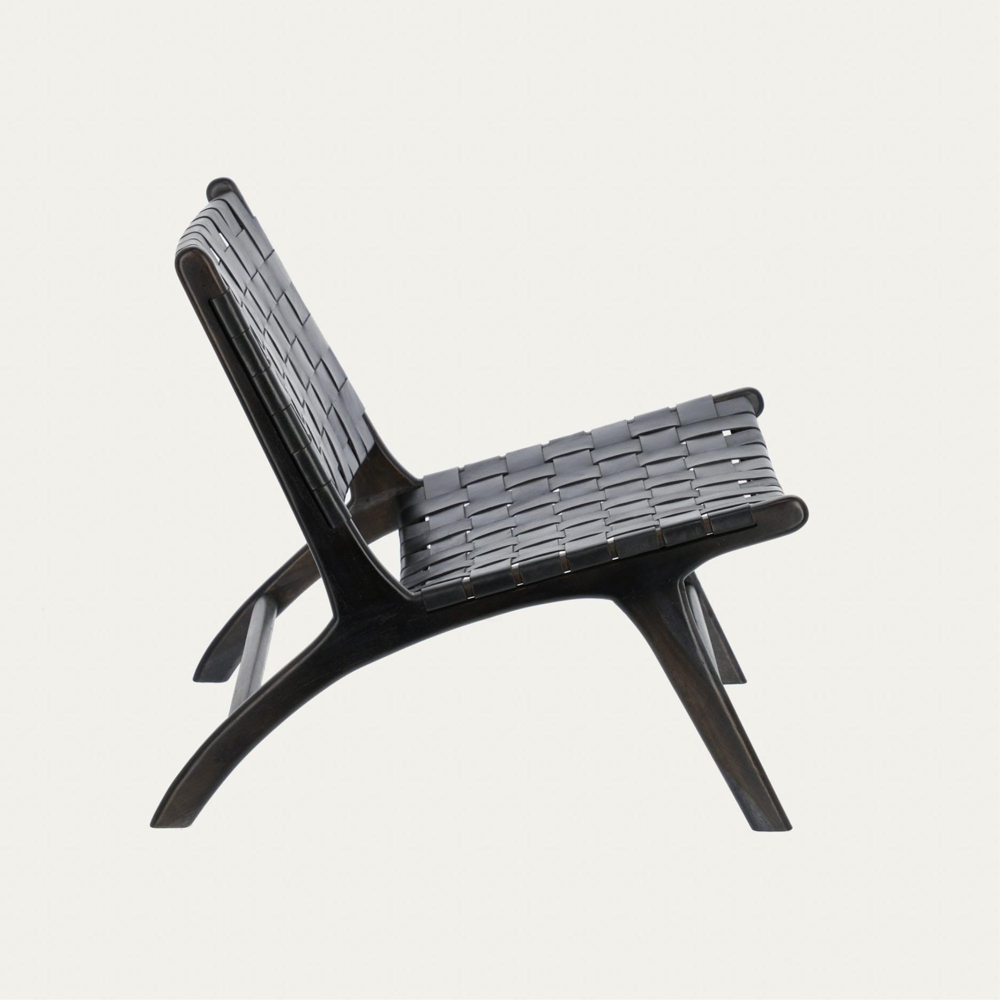 Handcrafted Woven Leather Lounge Chair - Teak Wood & Full-Grain Leather - Black