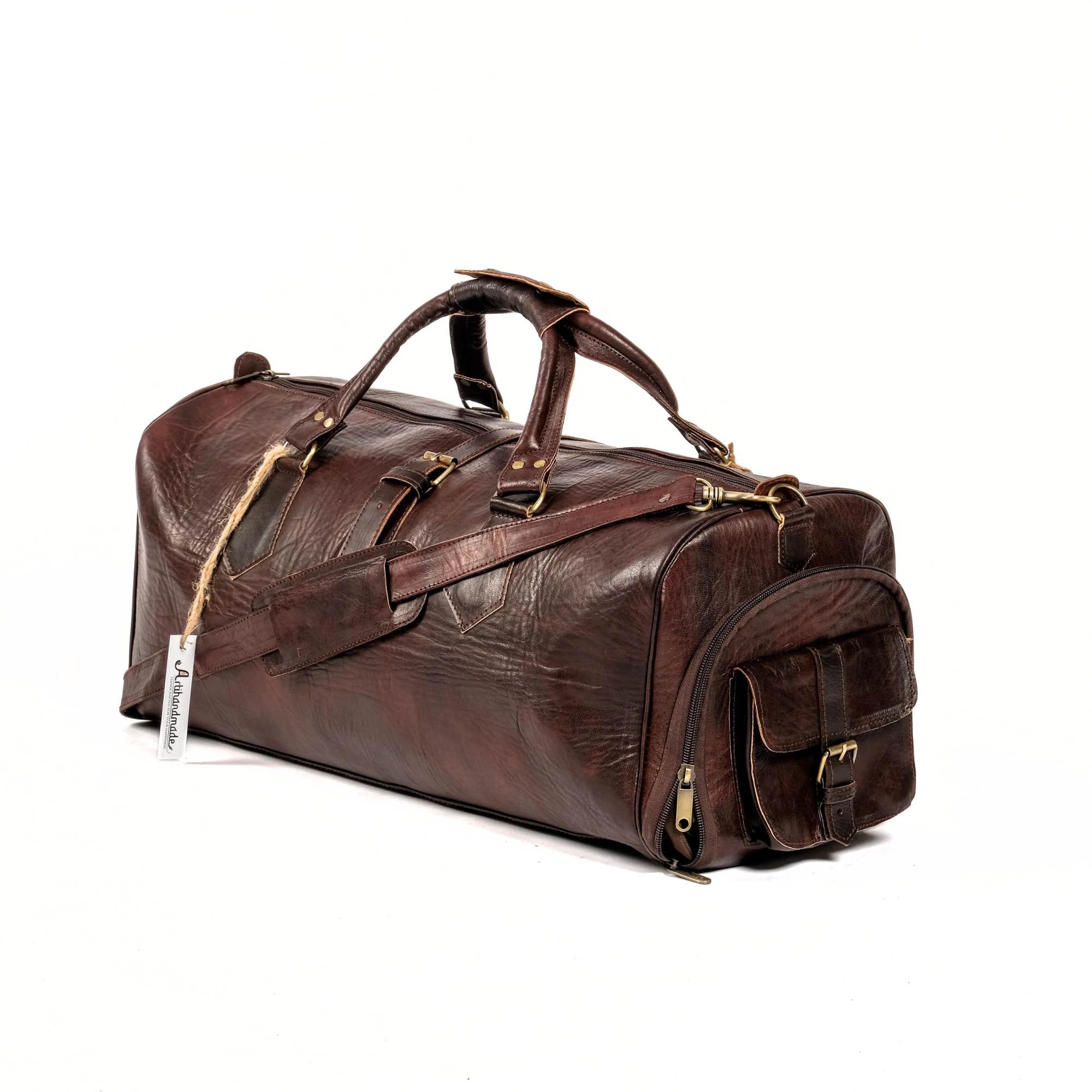 Leather Duffel Bag With Shoes Compartment- Dark Brown