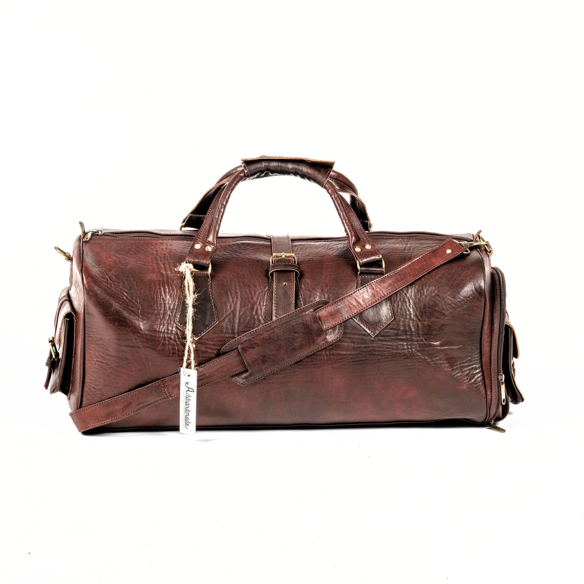Leather Duffel Bag With Shoes Compartment- Dark Brown
