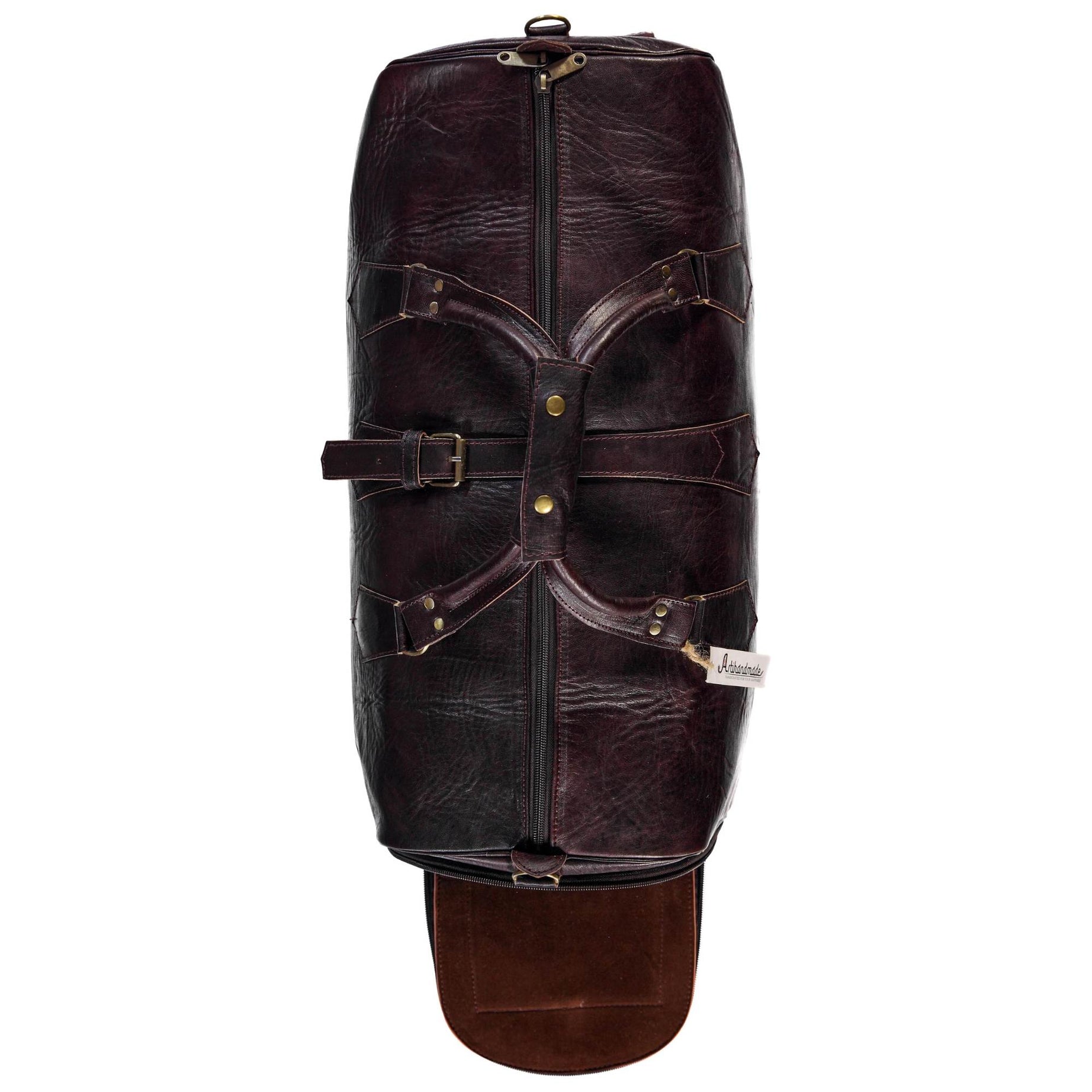 Leather Duffel Bag With Shoes Compartment- Dark Brown