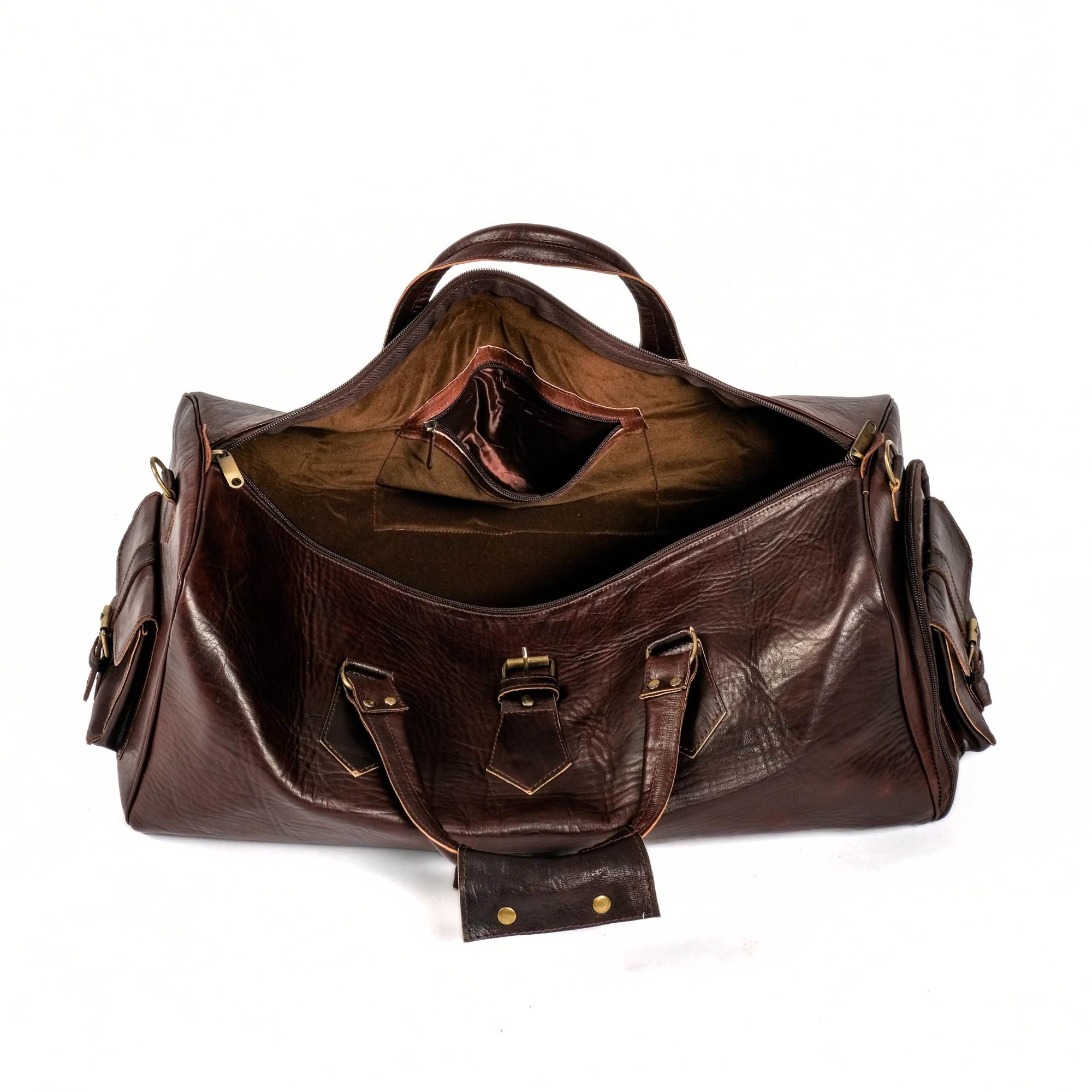 Leather Duffel Bag With Shoes Compartment- Dark Brown