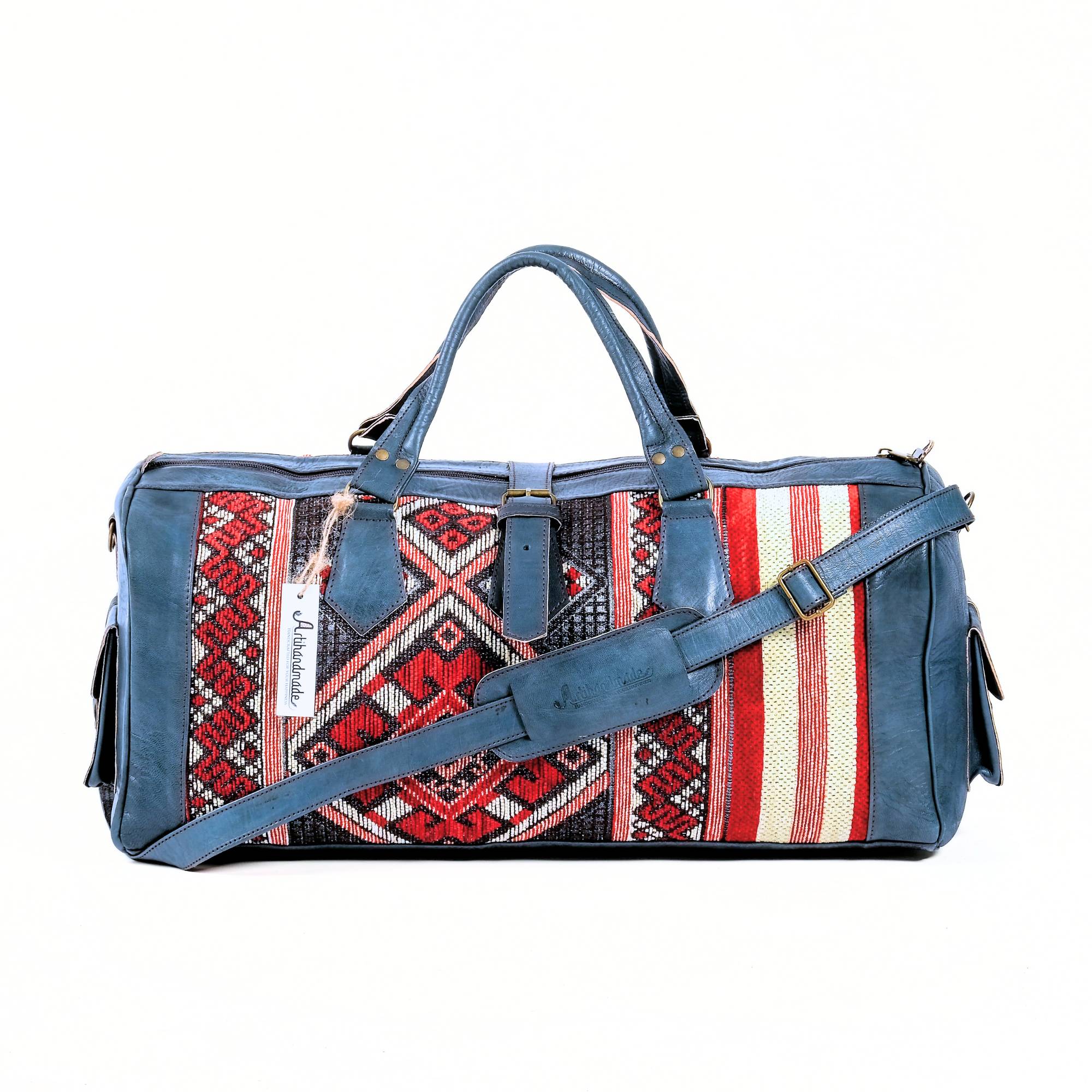 Handcrafted Leather Kilim Duffle Bag - Blue
