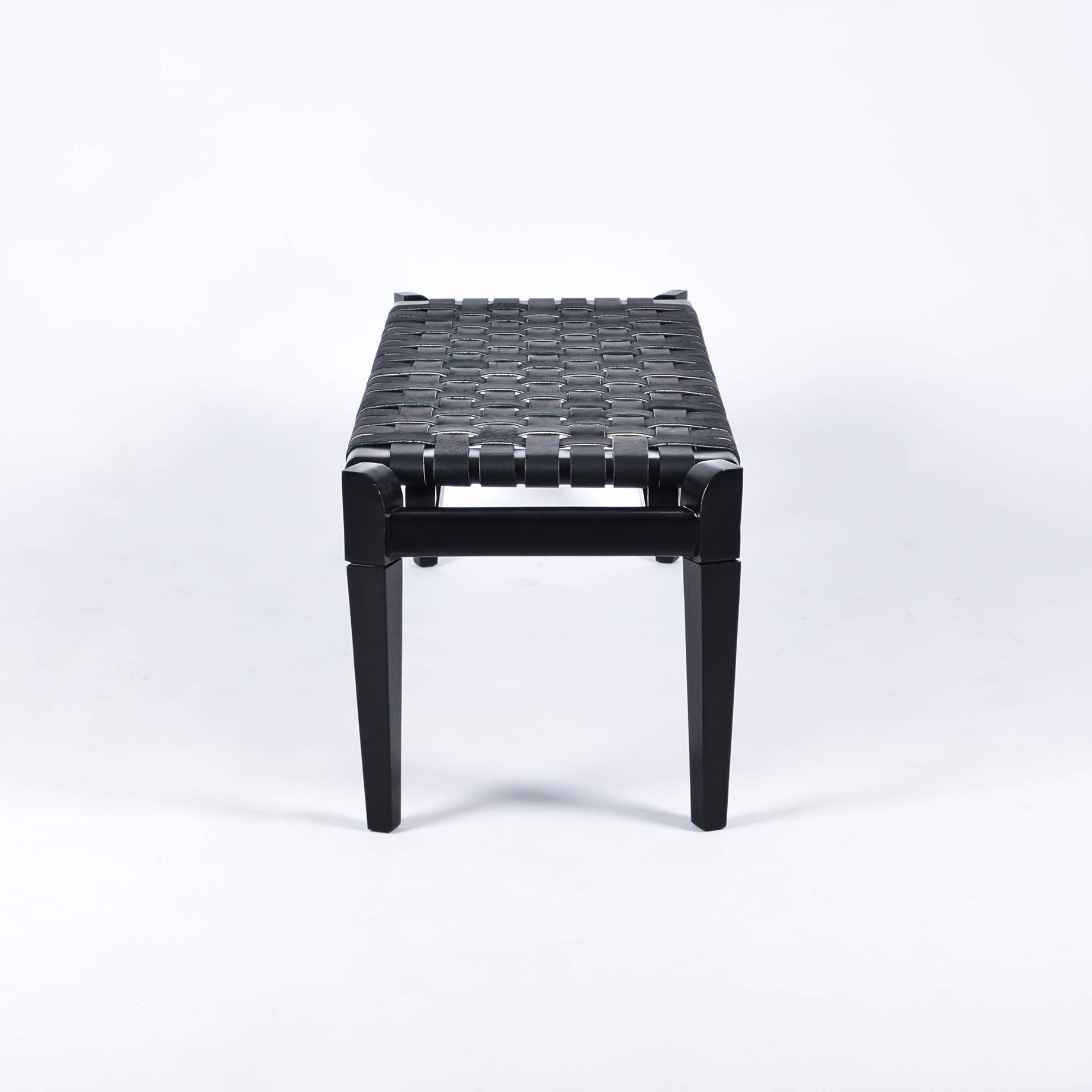 Leif Woven Leather Bench Black Teak Wood With Black Strap Leather