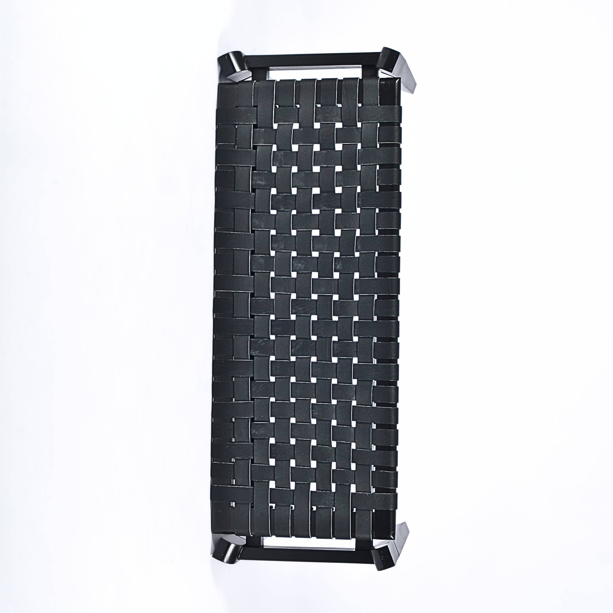 Leif Woven Leather Bench Black Teak Wood With Black Strap Leather