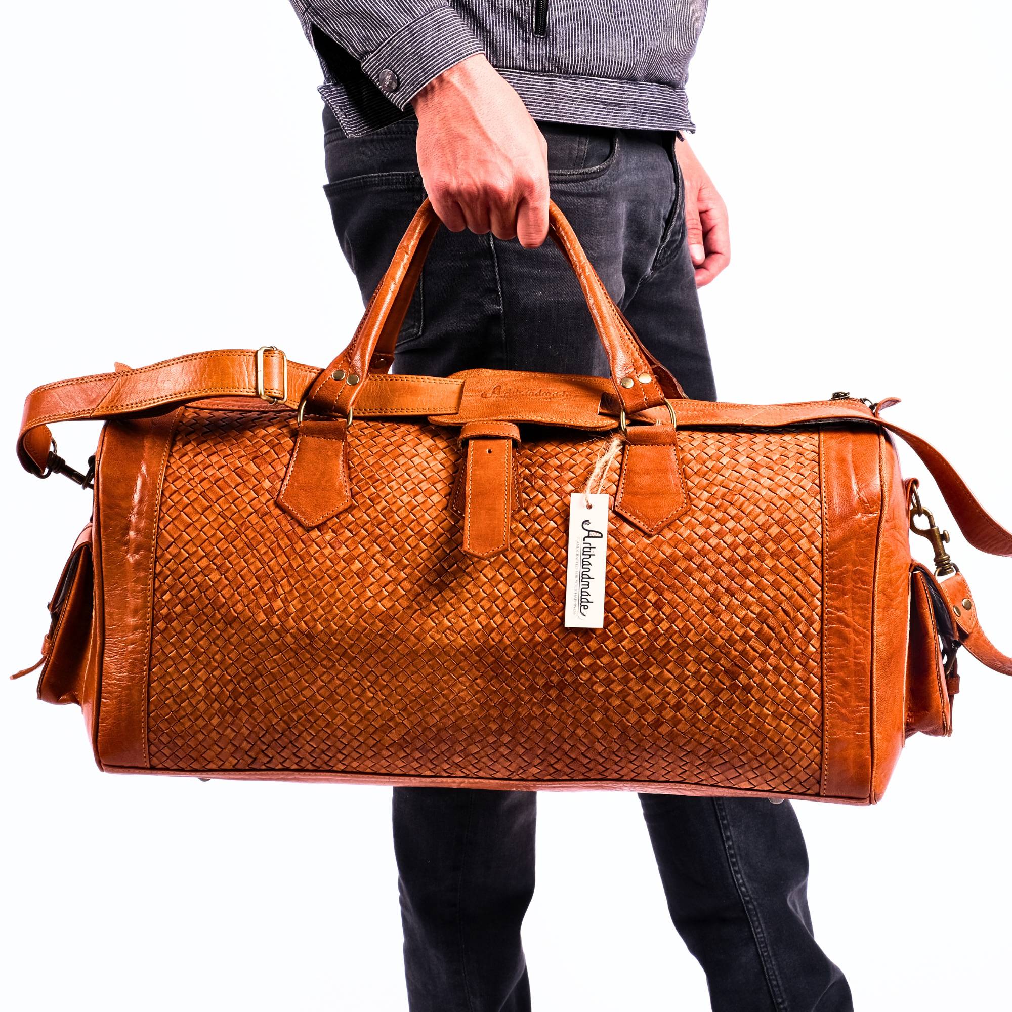 Leather Duffel Bag, Handwoven Cognac Leather, Luxury Travel Bag