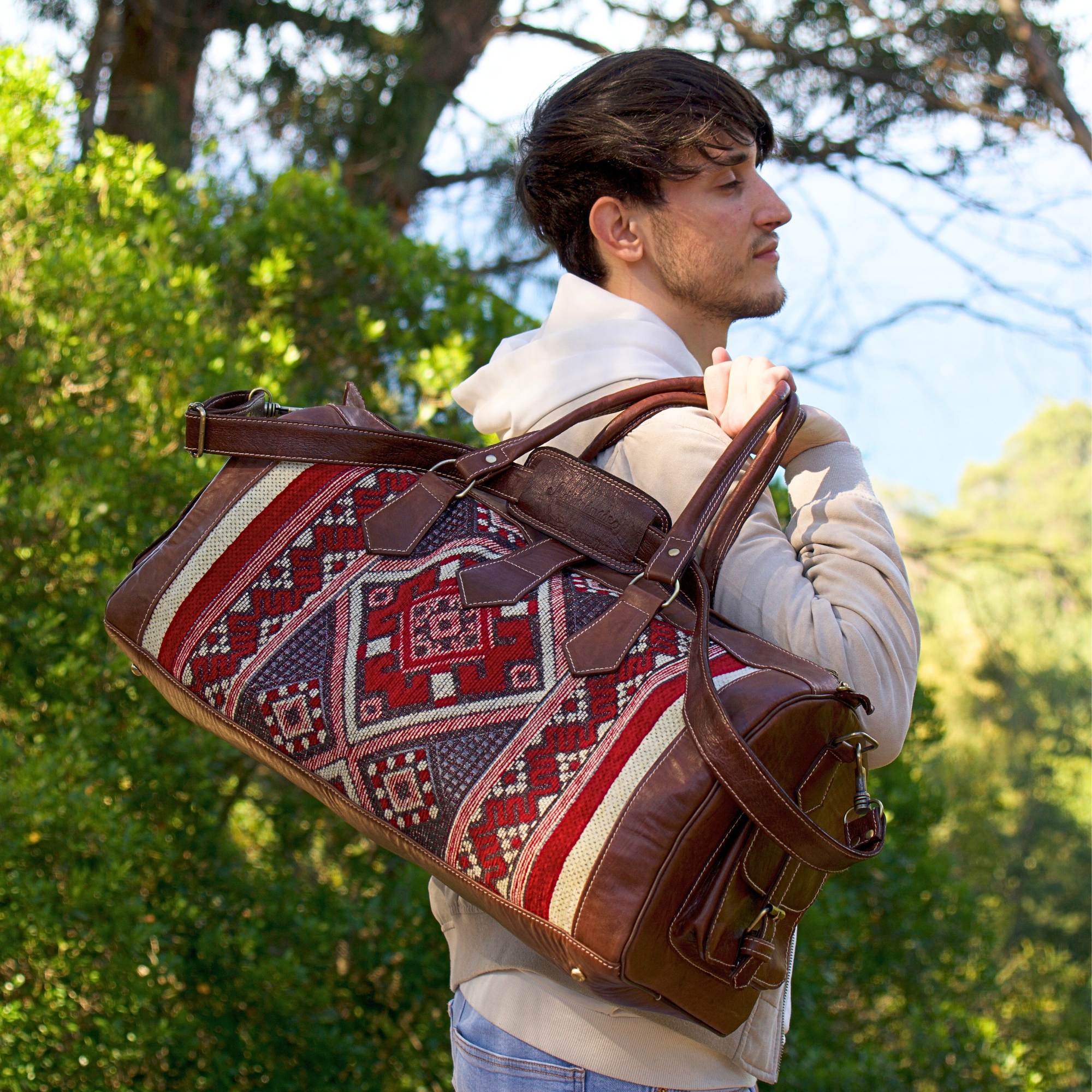 Artisan Leather Kilim Travel Duffel Bag - Unisex Brown