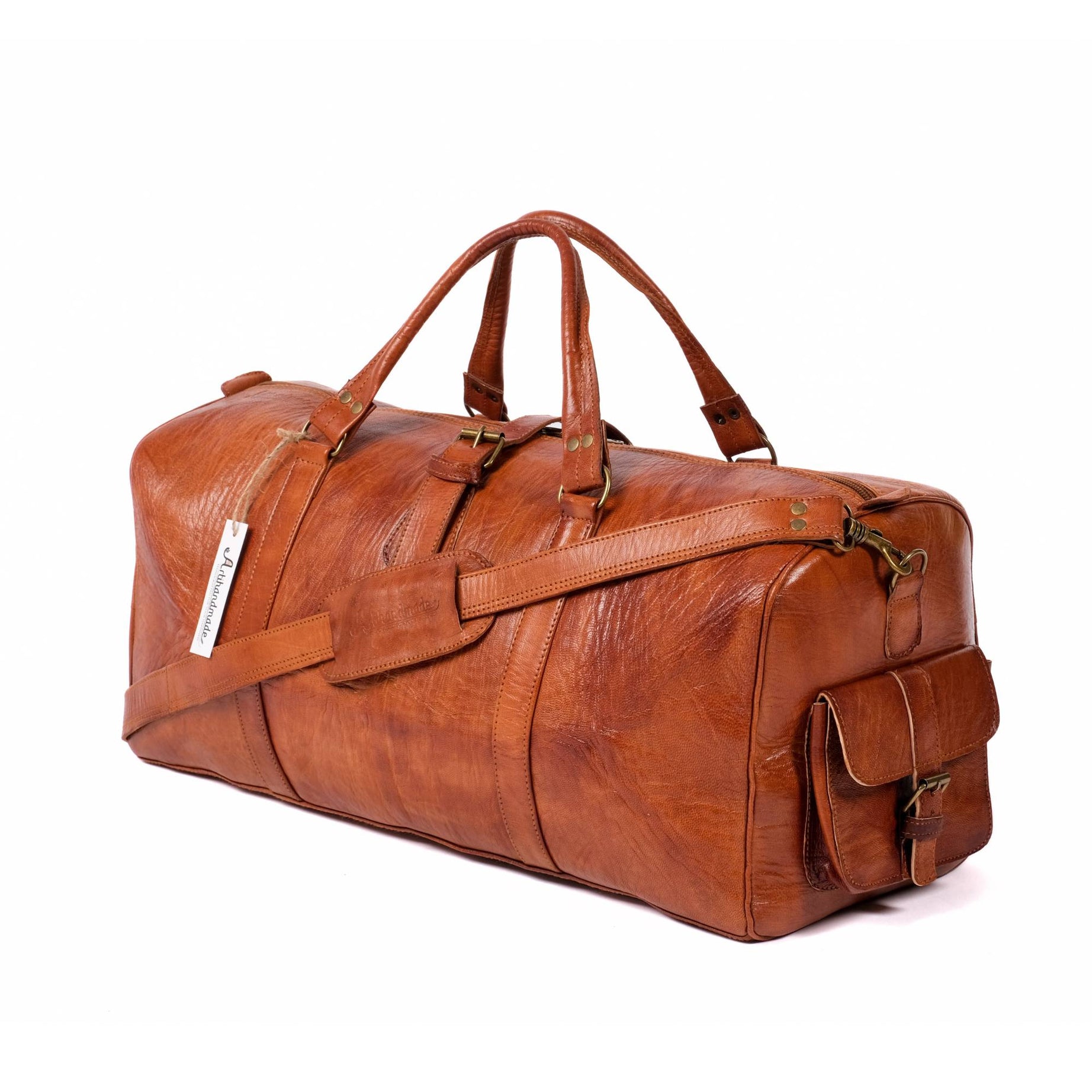 Leather Duffel Bag, Weekender Almond Leather Travel Bag