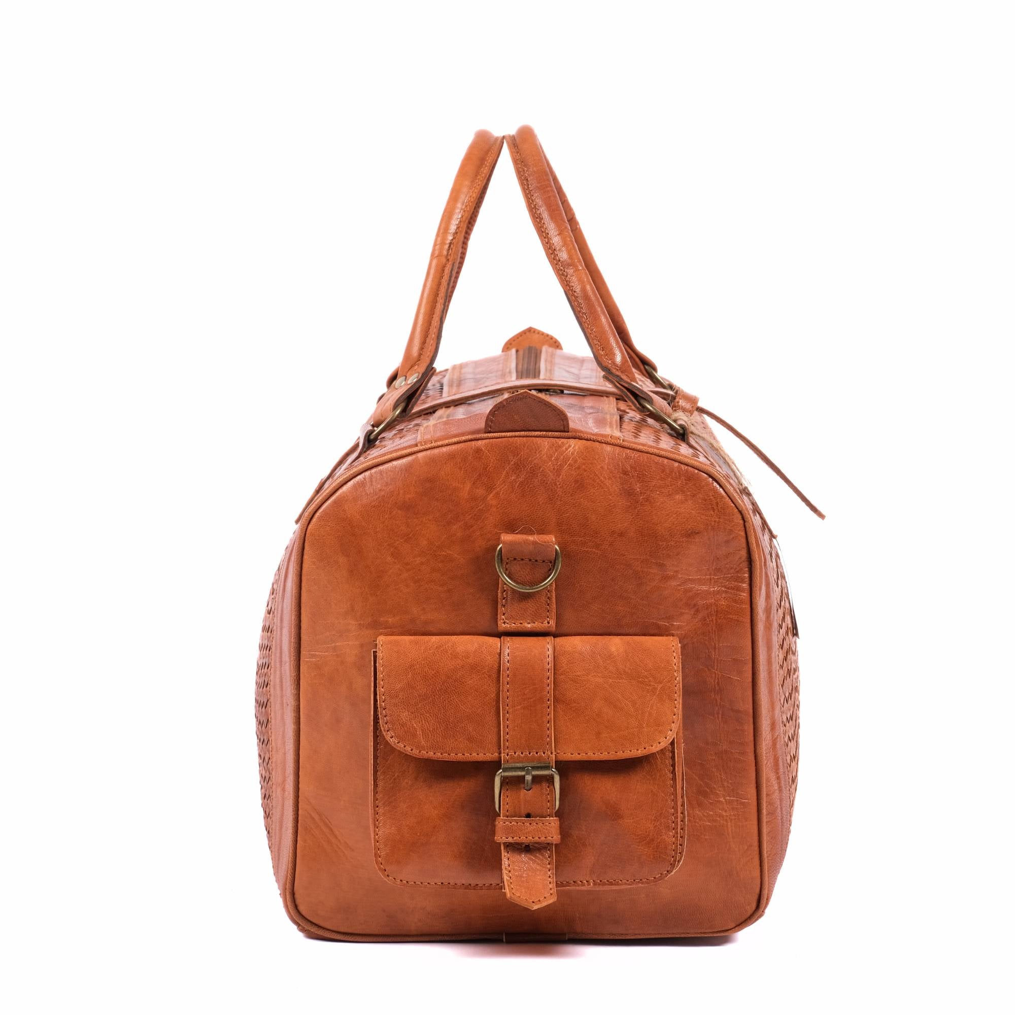 Leather Duffel Bag, Handwoven Cognac Leather, Luxury Travel Bag