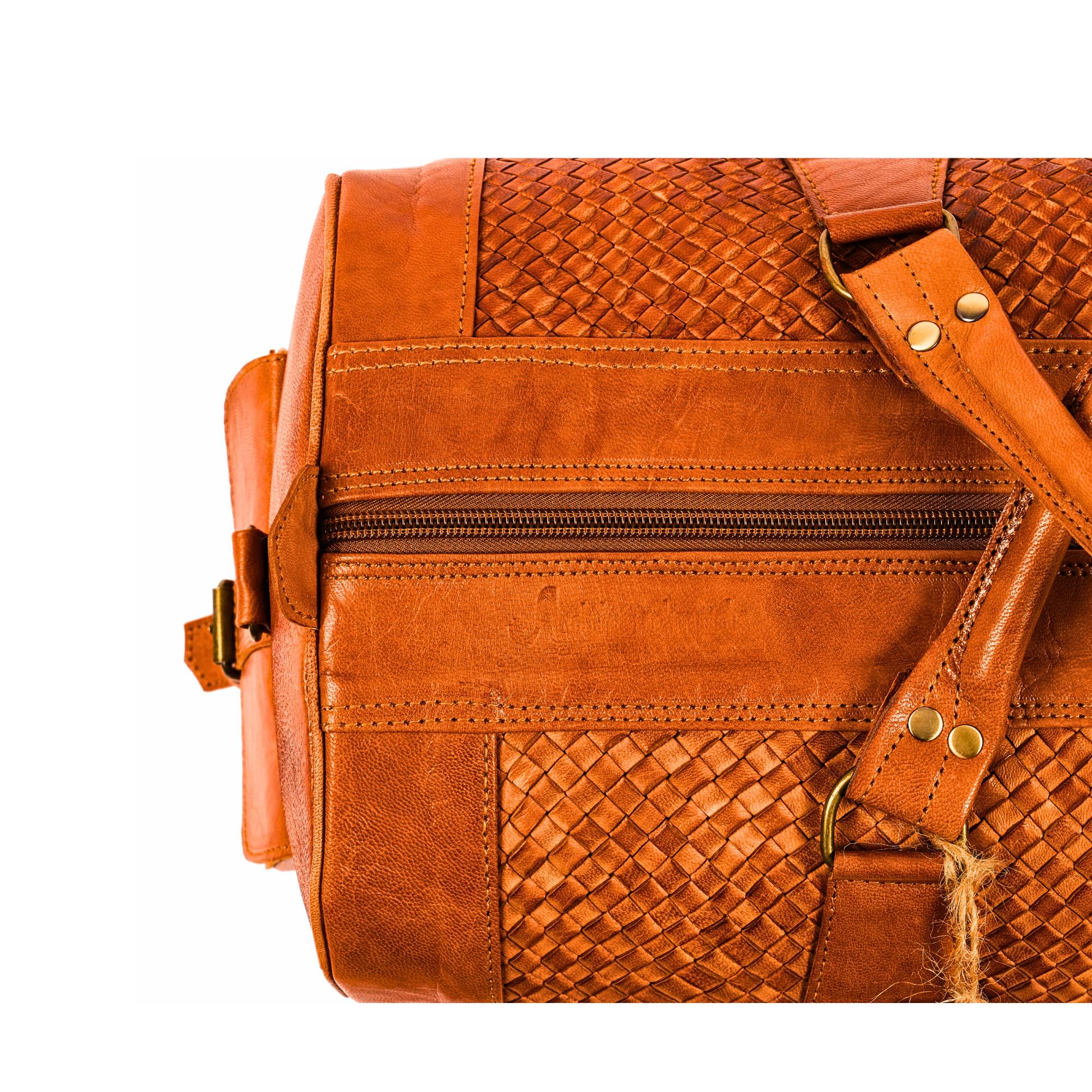 Leather Duffel Bag, Handwoven Cognac Leather, Luxury Travel Bag