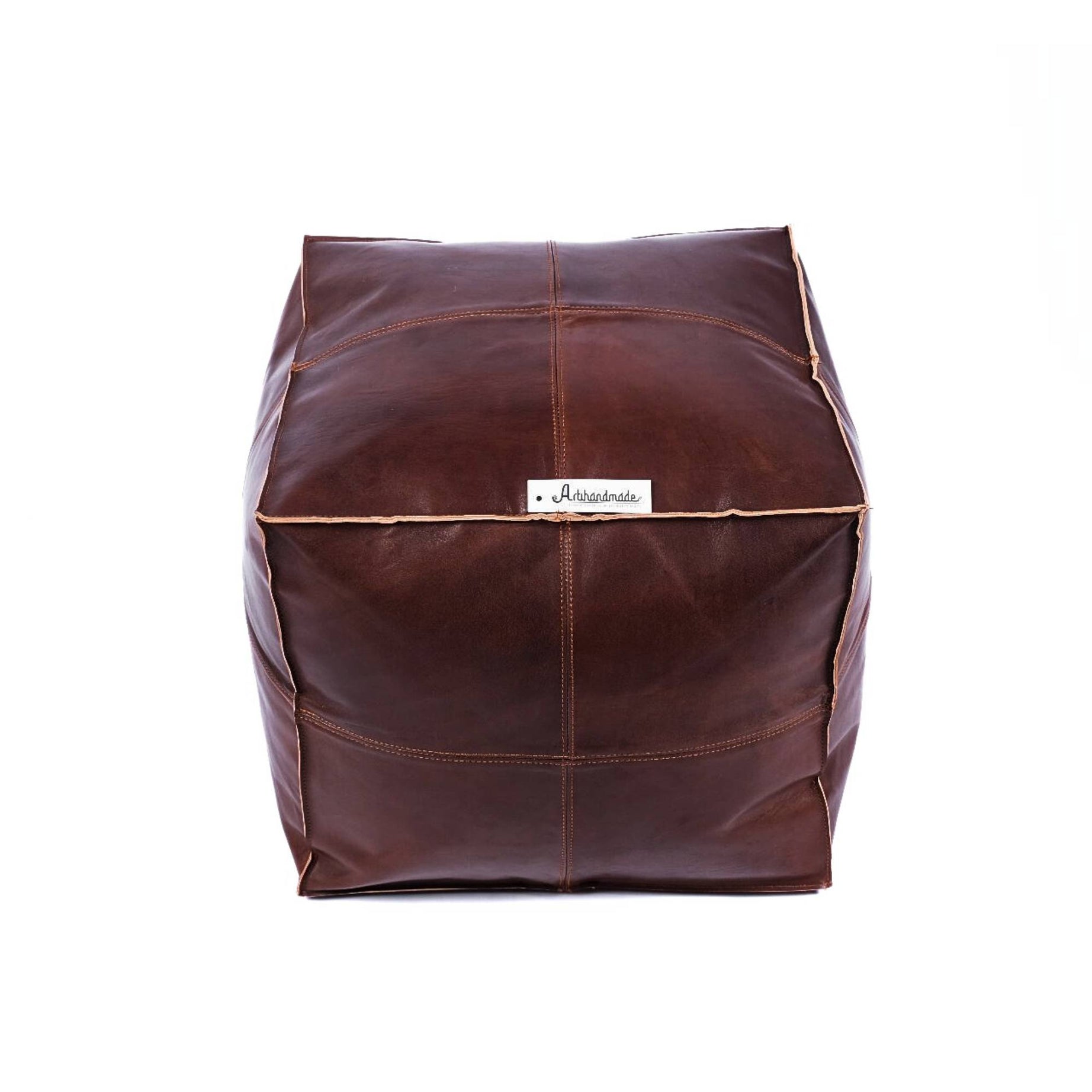 Premium Square Moroccan Dark Brown Leather Pouf