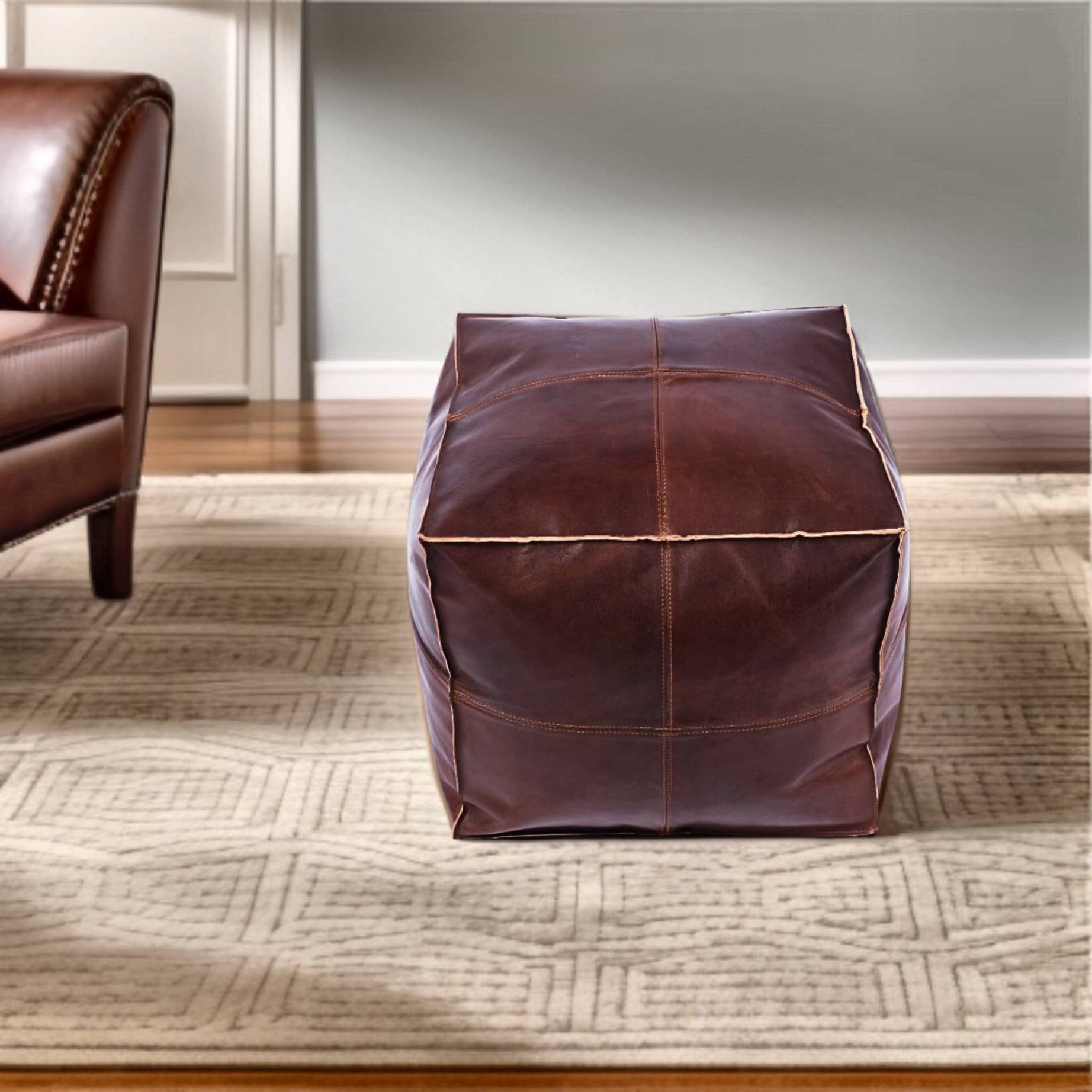 Premium Square Moroccan Dark Brown Leather Pouf