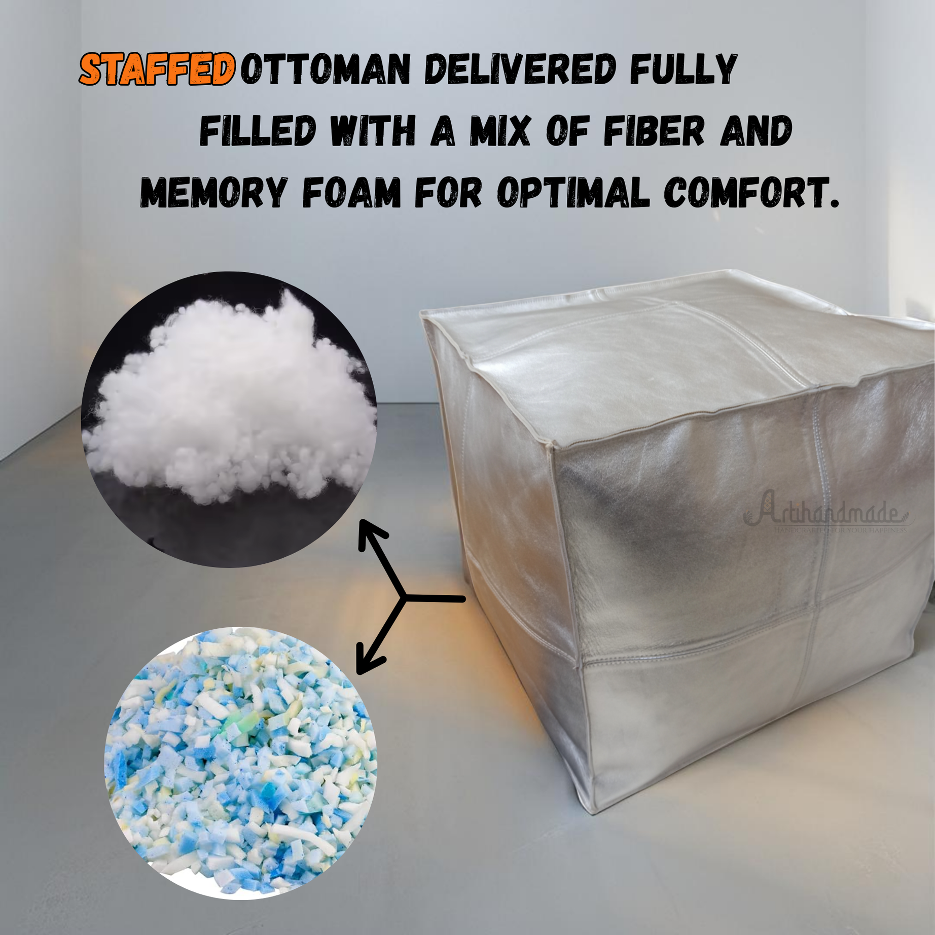 Premium Silver Pearl Leather - Square Ottoman Pouf, Handcrafted Large Ottoman, Luxury Home Decor | Luxury Footrest & Seat | Modern Design