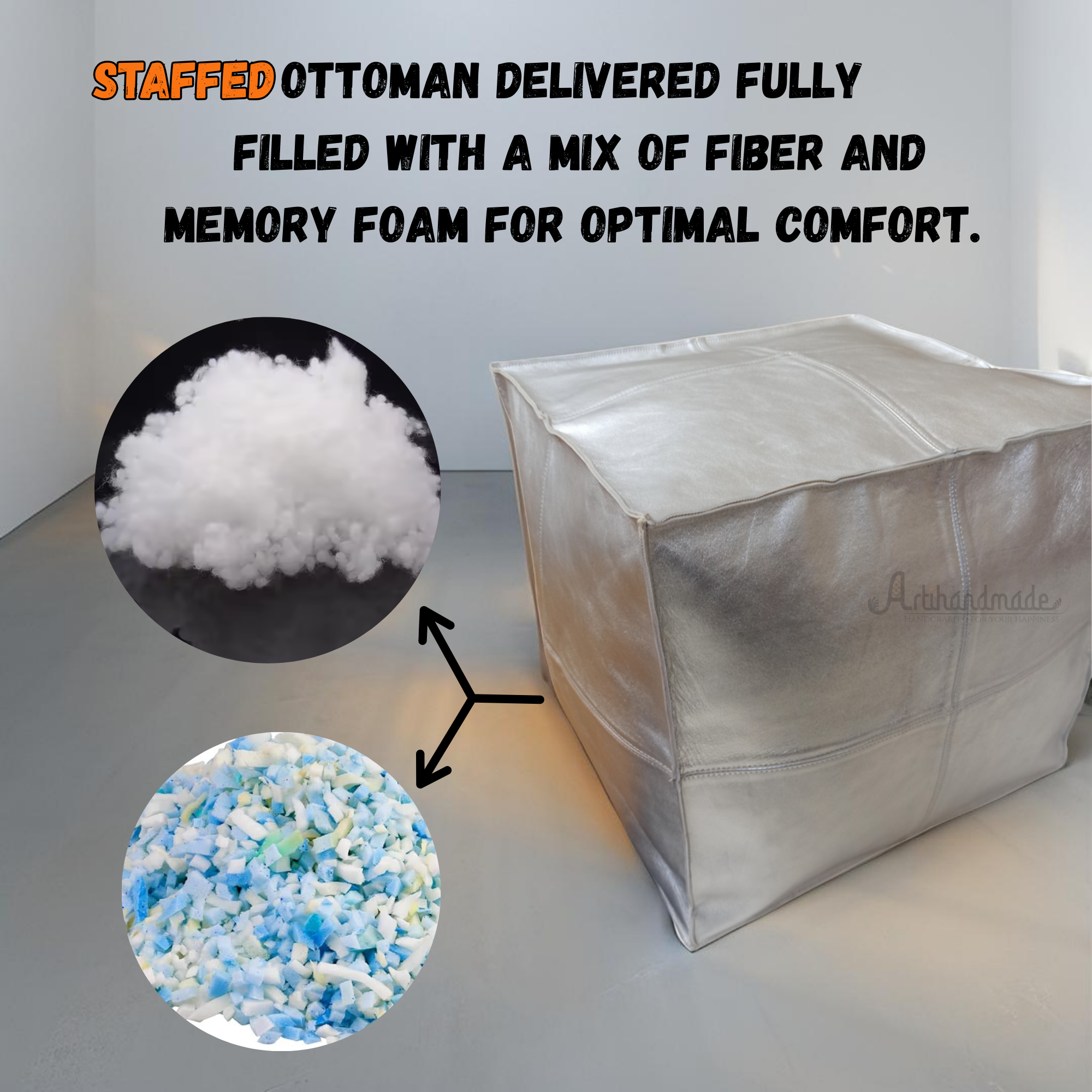 Premium Silver Pearl Leather - Square Ottoman Pouf, Handcrafted Large Ottoman, Luxury Home Decor | Luxury Footrest & Seat | Modern Design