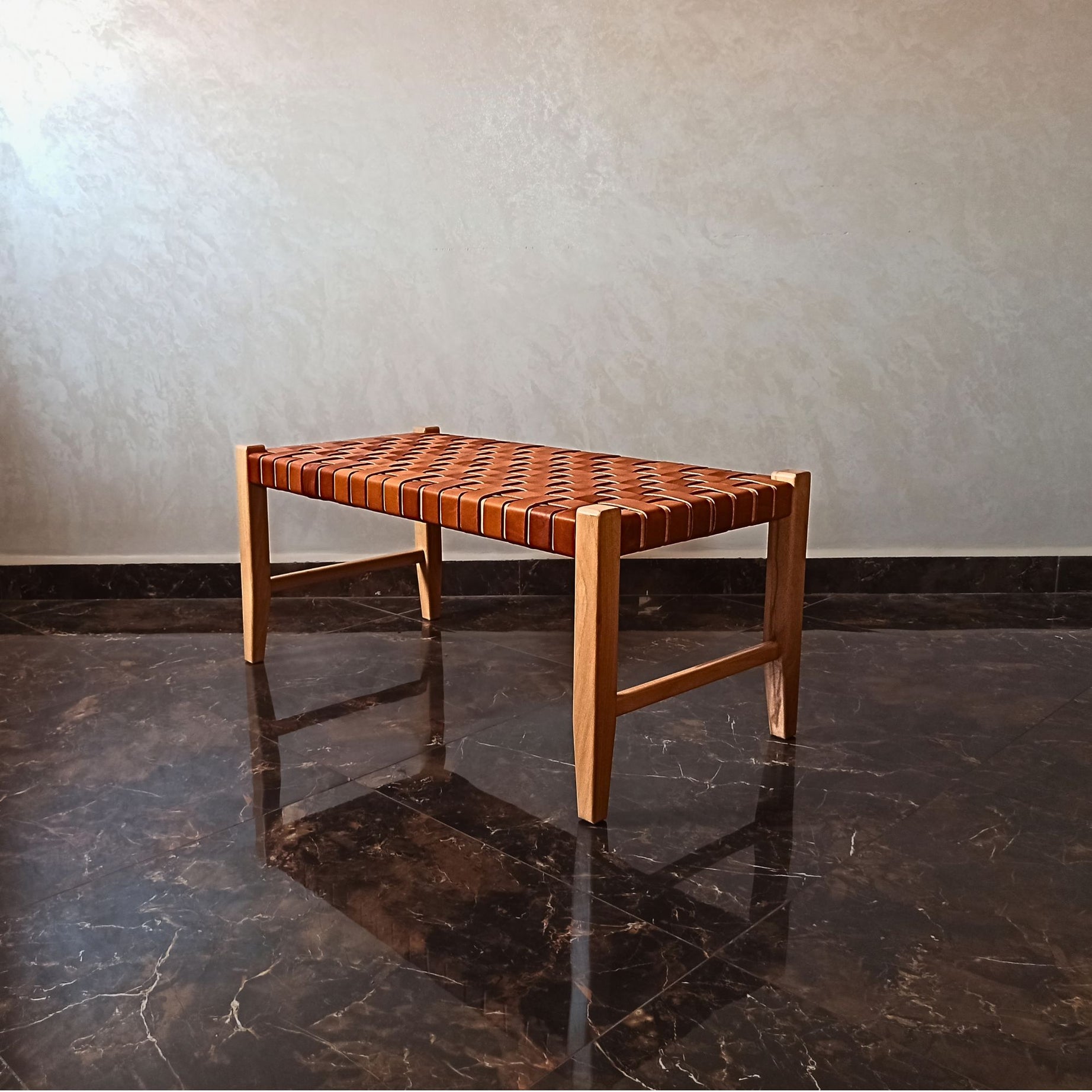 Ragnar woven leather bench Varnished Teak