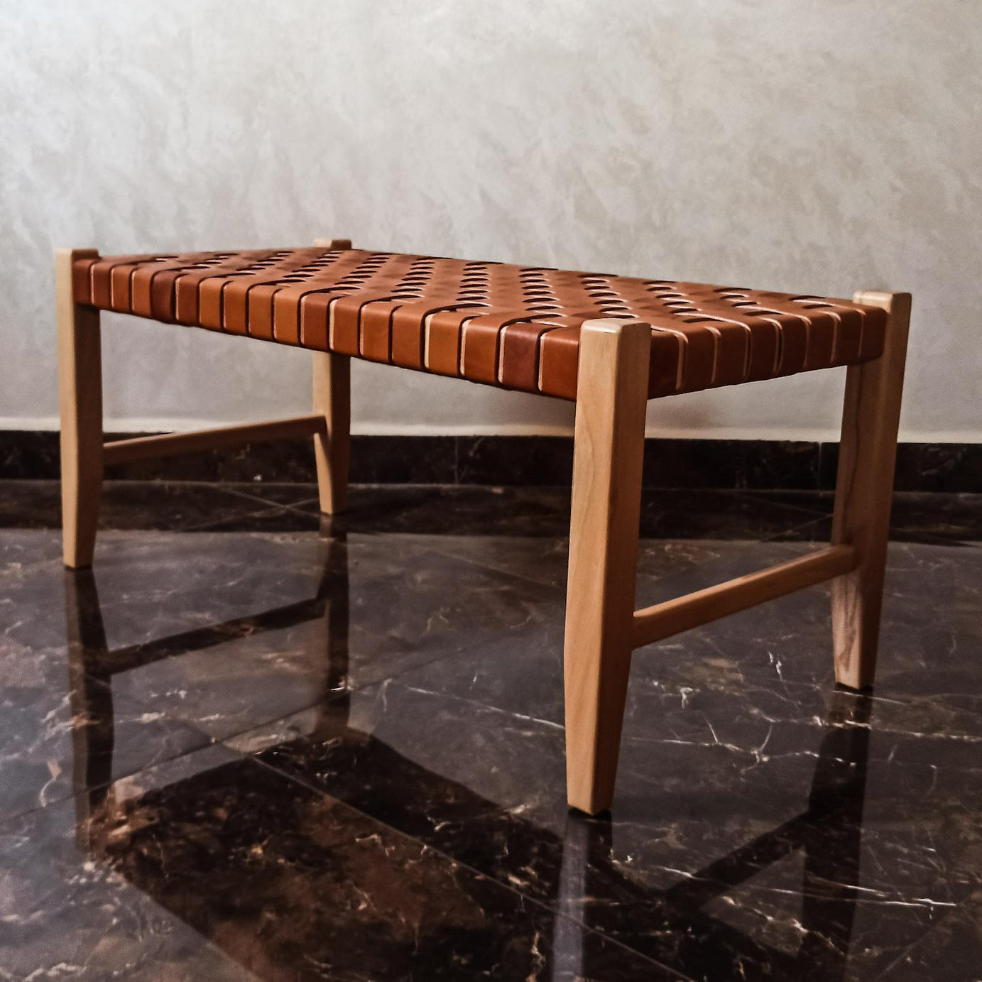 Ragnar woven leather bench Varnished Teak