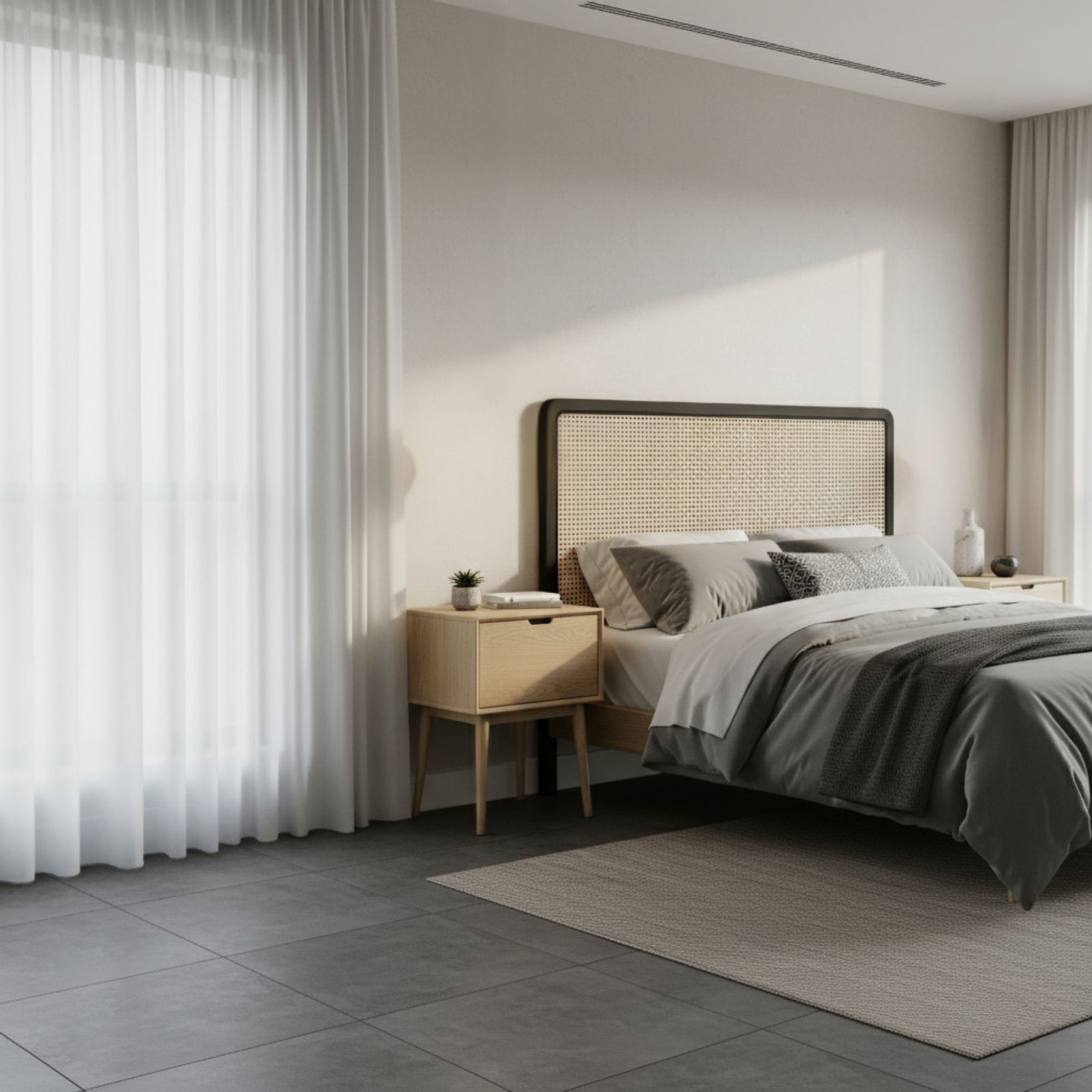 bedroom with a rattan headboard, nightstands, and curtains.