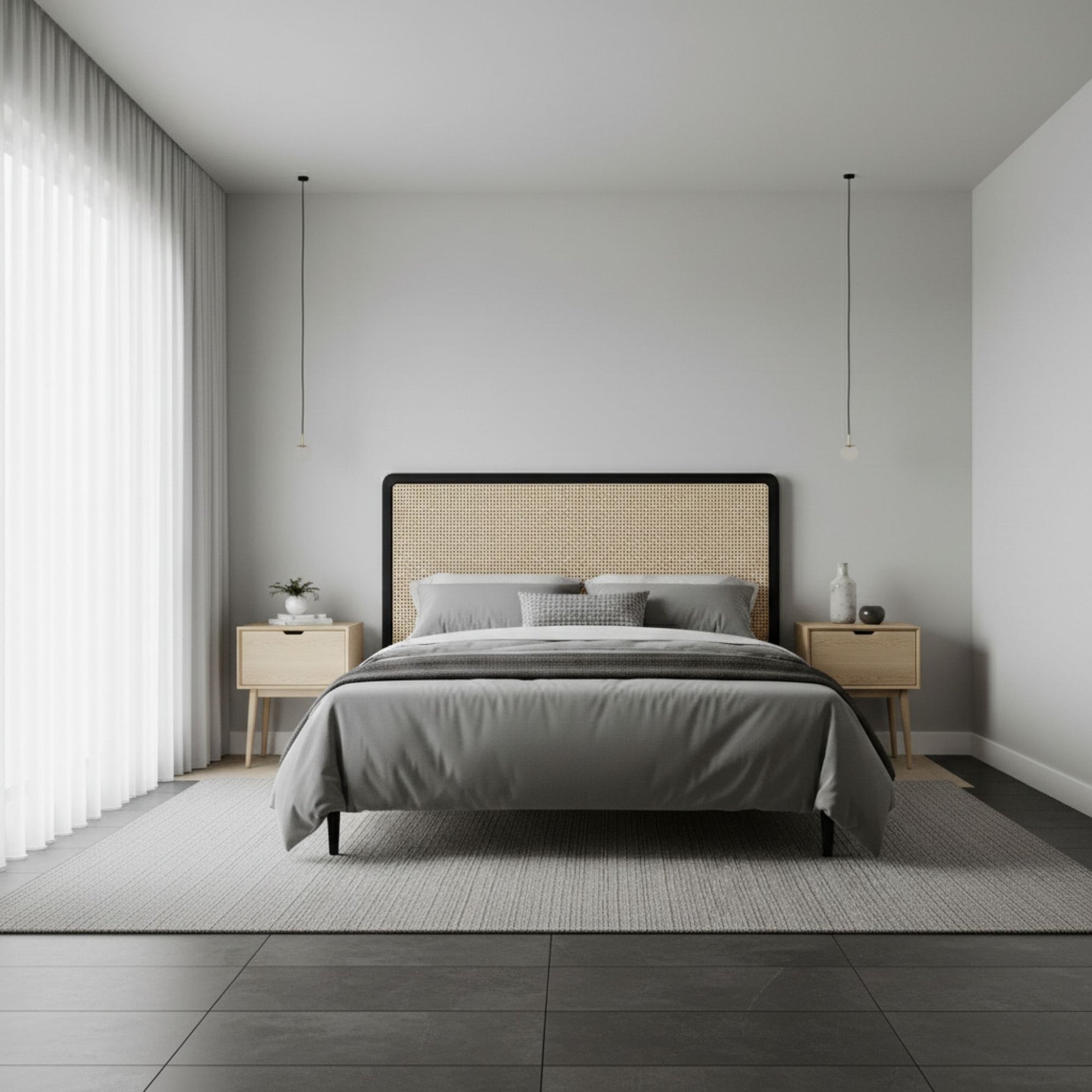 Modern rattan headboard with a bed, nightstands, and minimal decor.