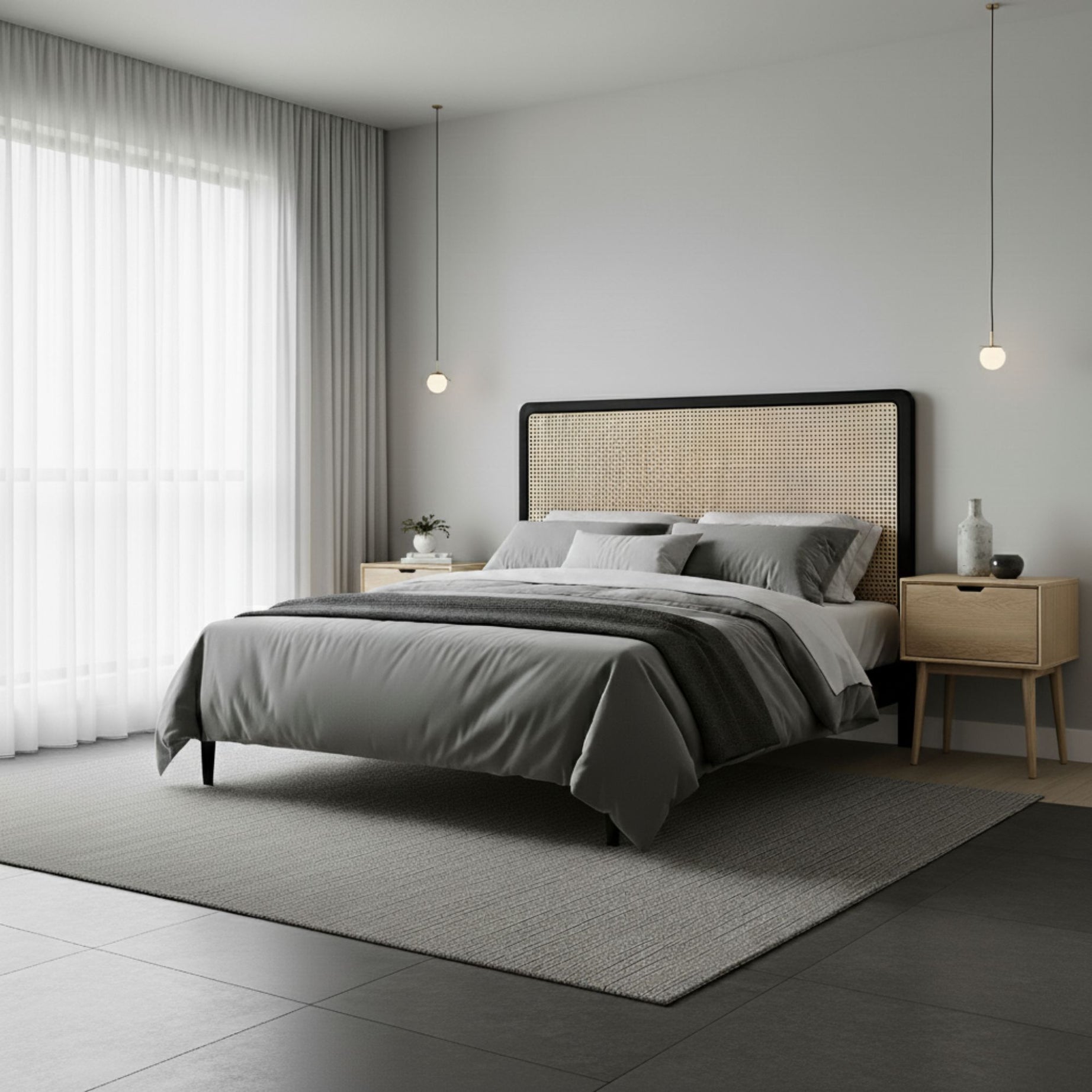 Modern bedroom withrattan headboard, nightstands, and decorative items.