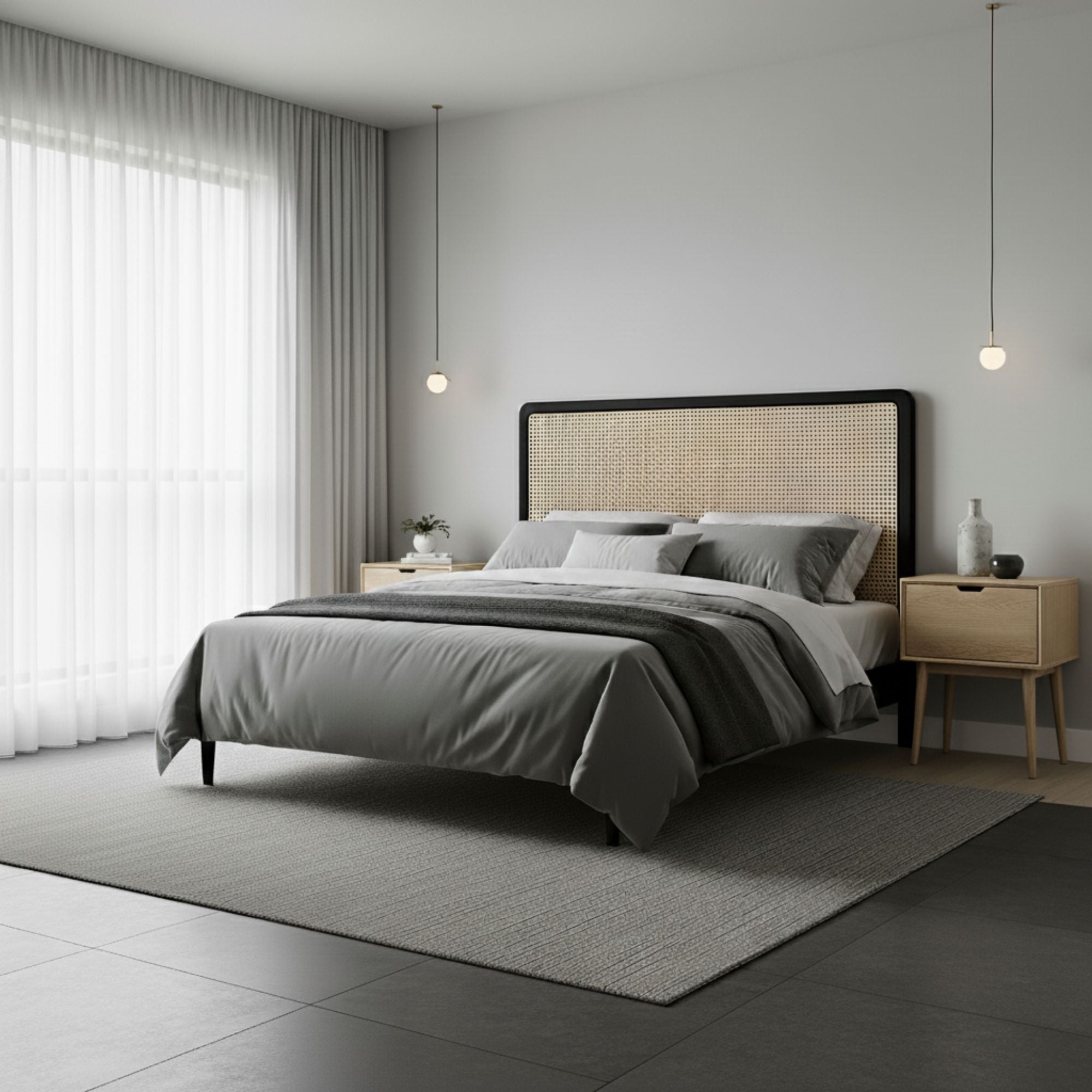 Modern bedroom withrattan headboard, nightstands, and decorative items.