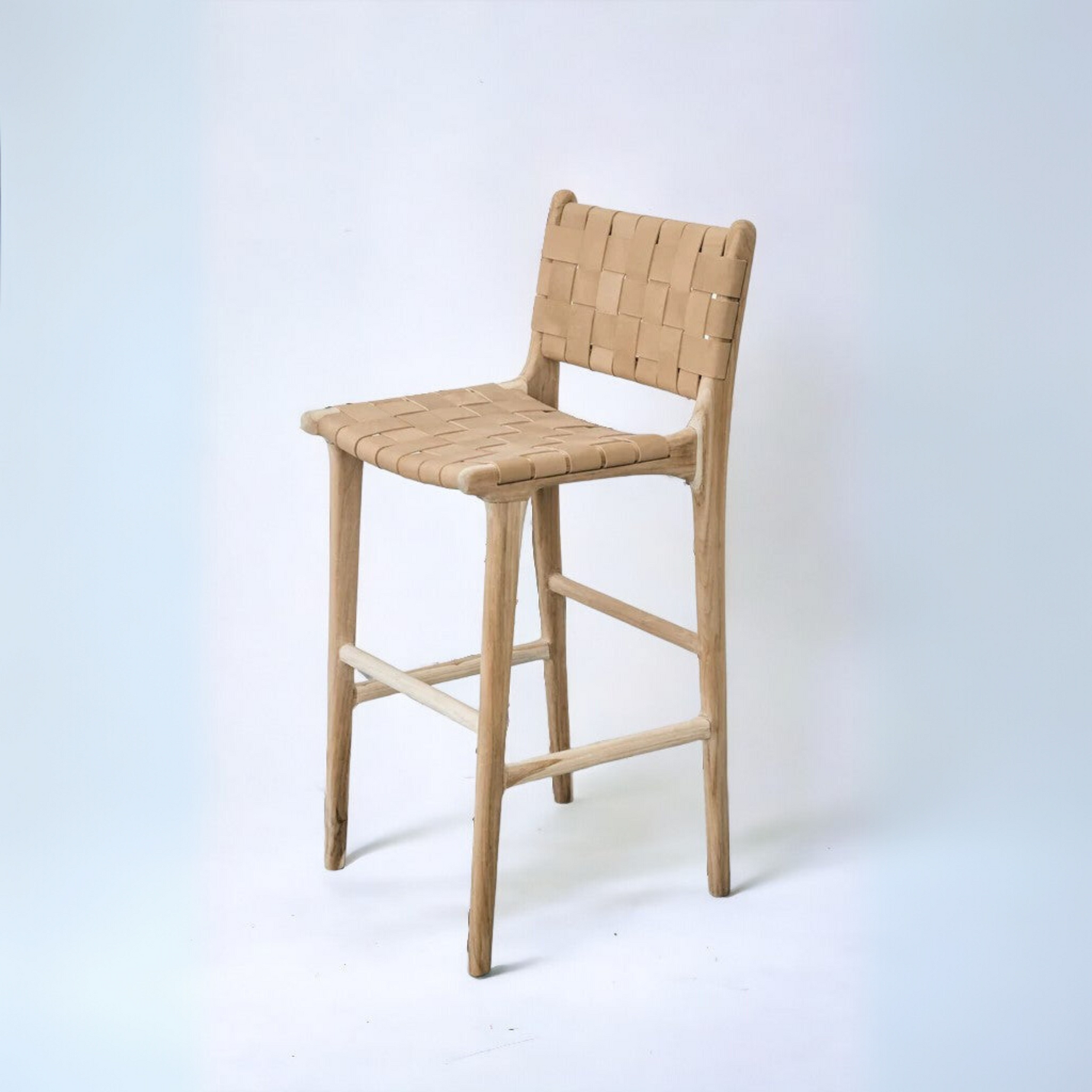 Woven Leather Counter Stool - Natural Teak Wood With Tan Leather