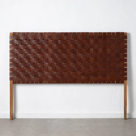 front view Detailed focus on the distressed leather texture in a Scandinavian  King Size Headboard inspired woven headboard.