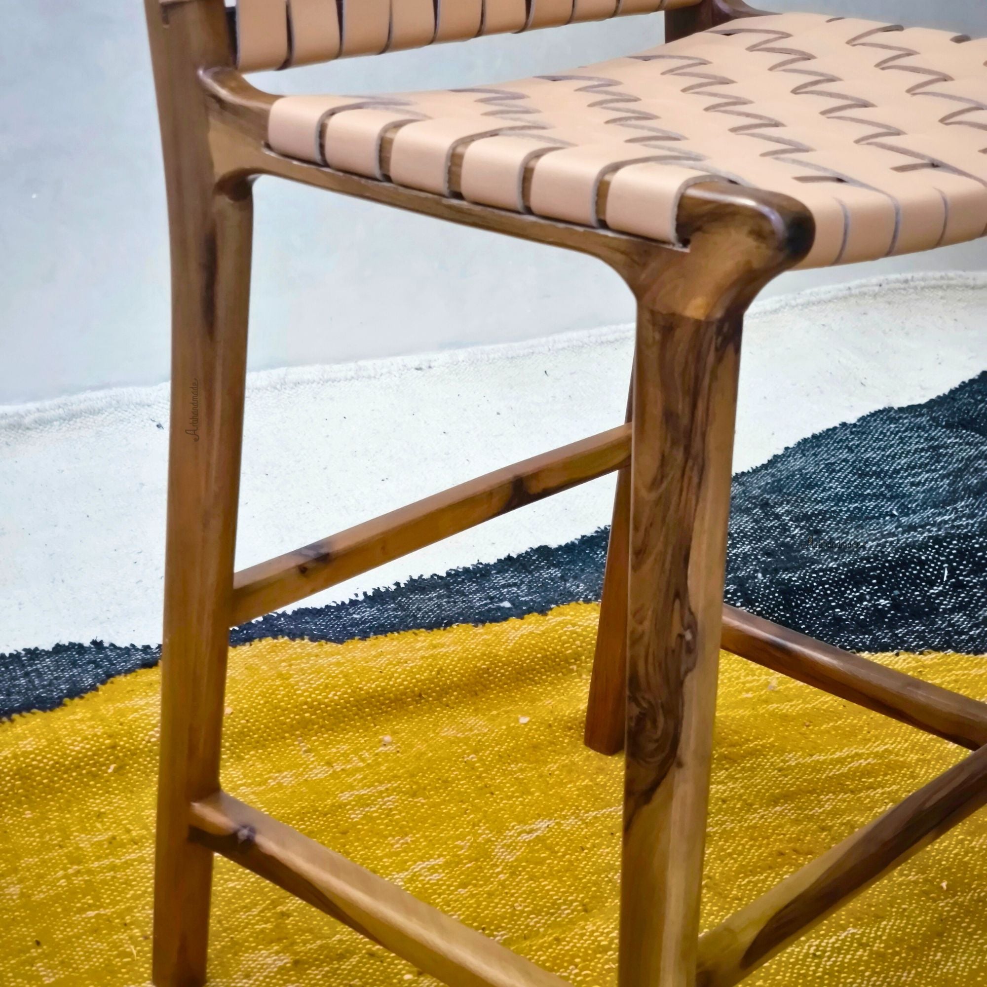 Walnut Counter Stools, Natural Teak Wood With beige Leather.