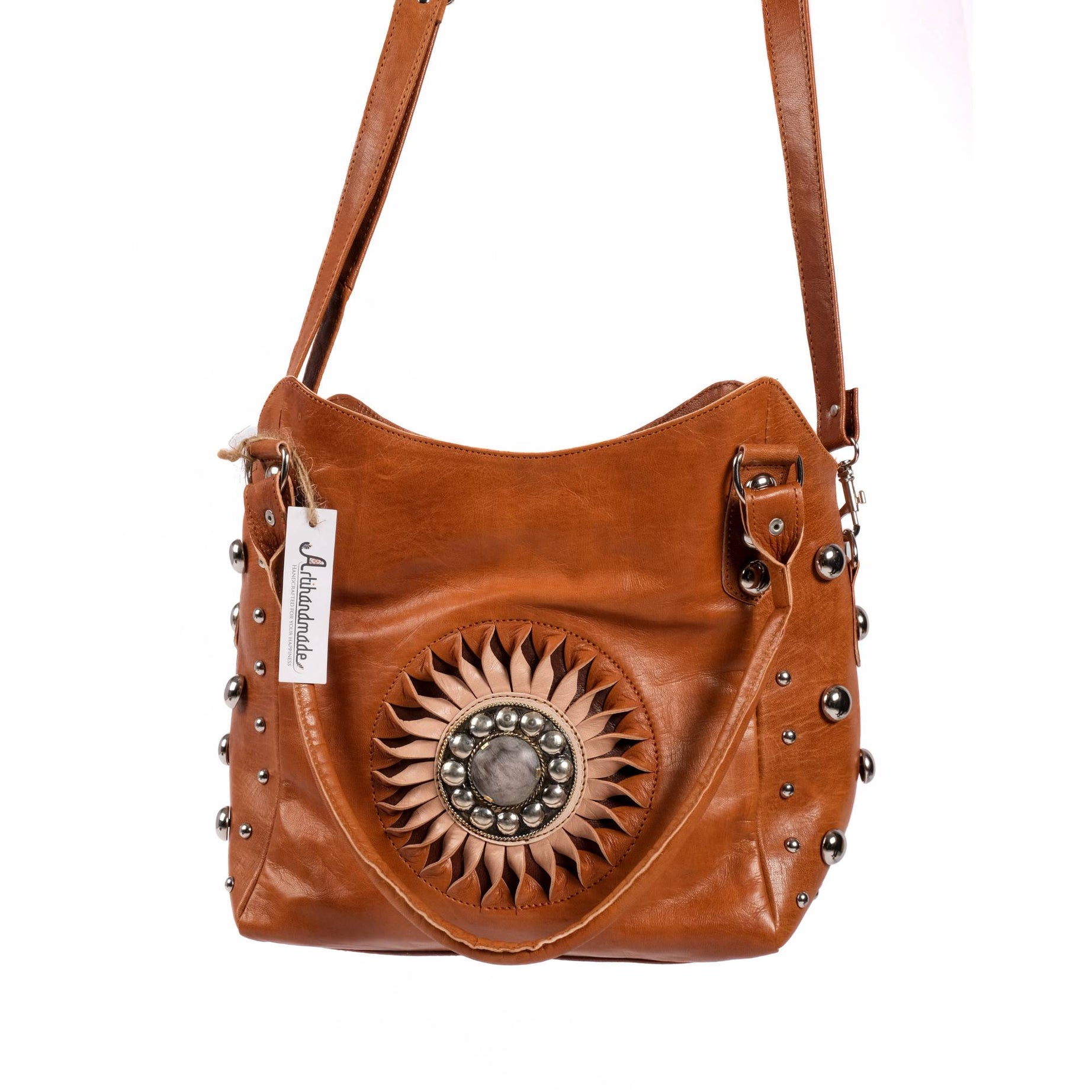 The Sun Leather Tote Bag - Brown , Natural, Cognac