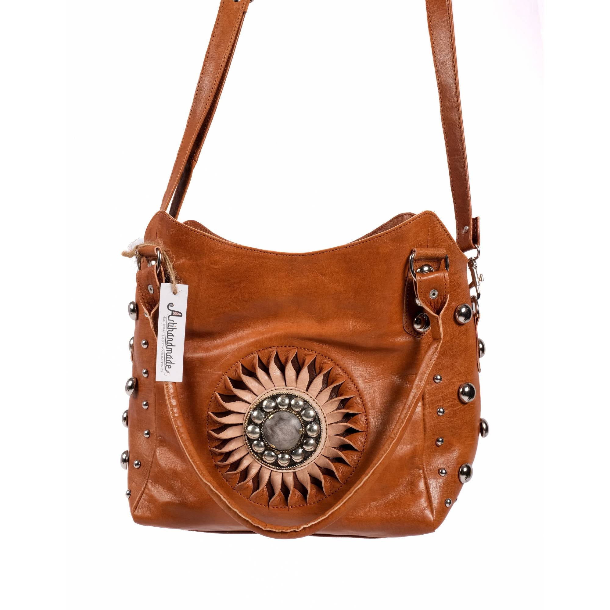 The Sun Leather Tote Bag - Brown , Natural, Cognac