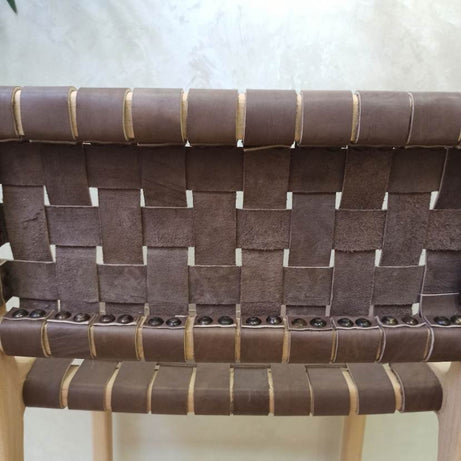 Leather Strap Counter Stool - Natural Teak Wood With Drak Brown Leather