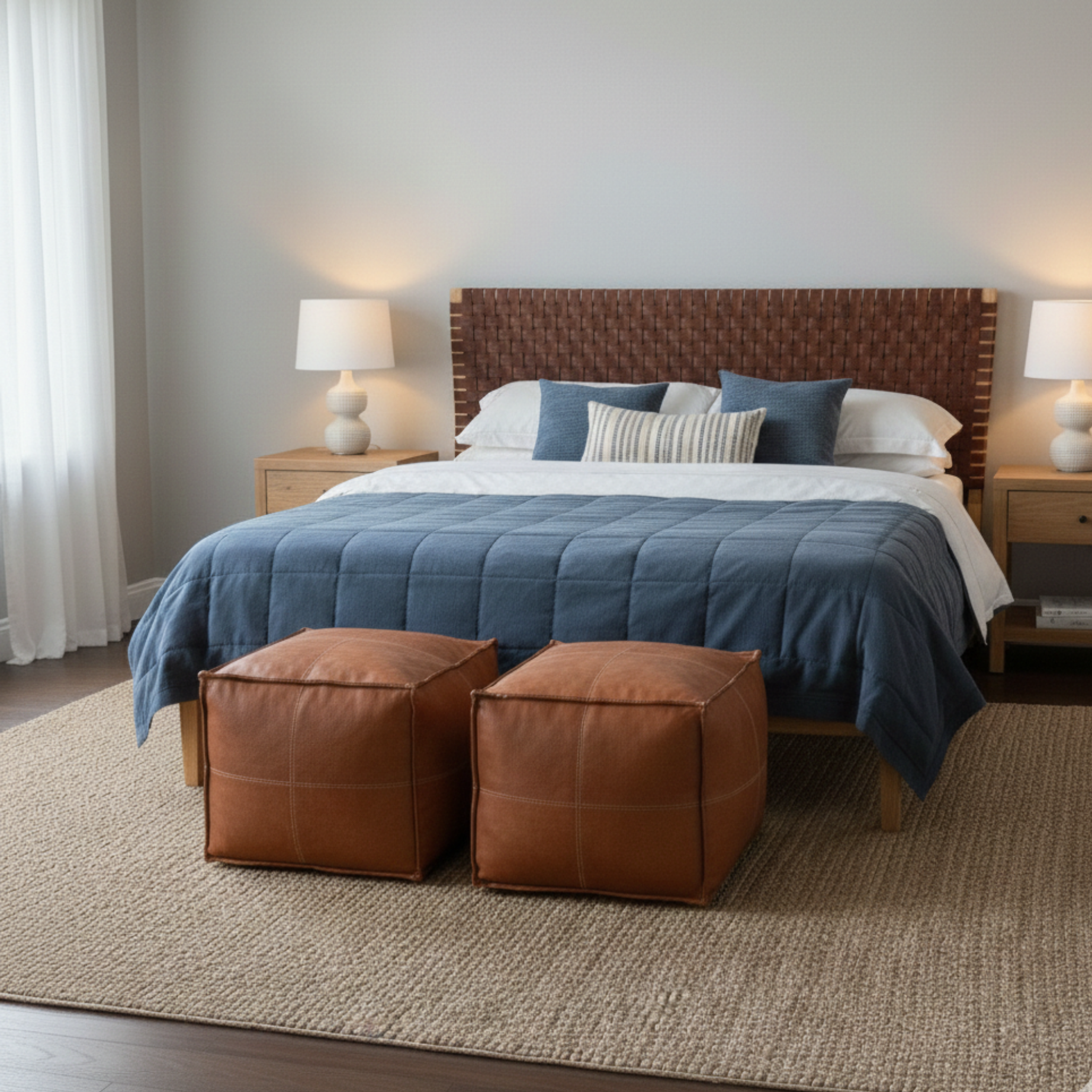 Leather Strap Headboard | Handcrafted Teak Wood with 2 Free Poufs | Queen King Cal King